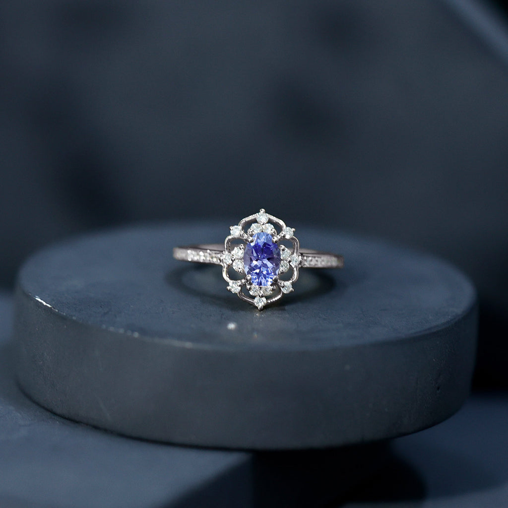Vintage Tanzanite Ring – Oval Engagement Band with Lab Grown Diamonds & Prong Setting