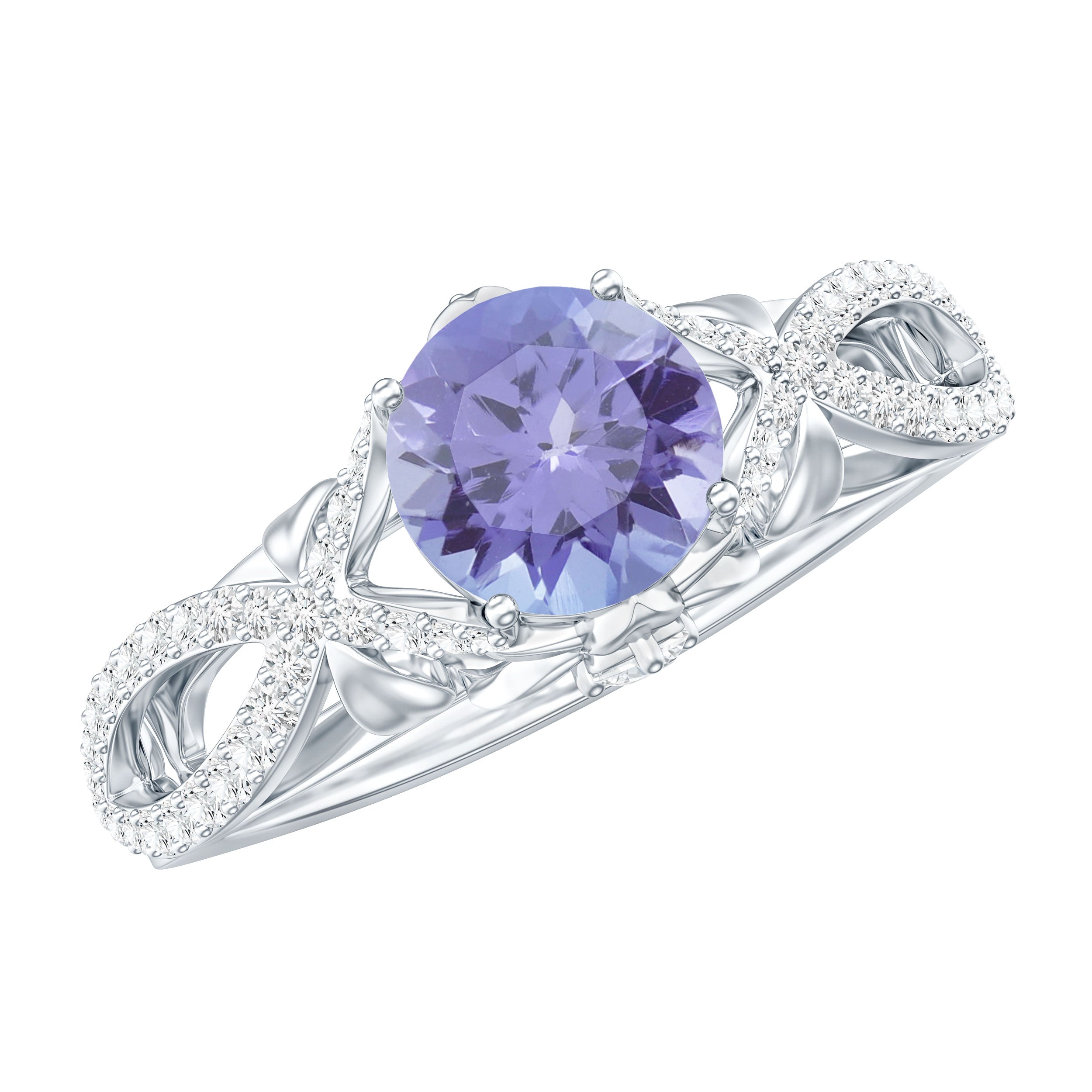 Tanzanite Engagement Ring – Designer Blue Violet Tanzanite with Diamond Crossover Shank