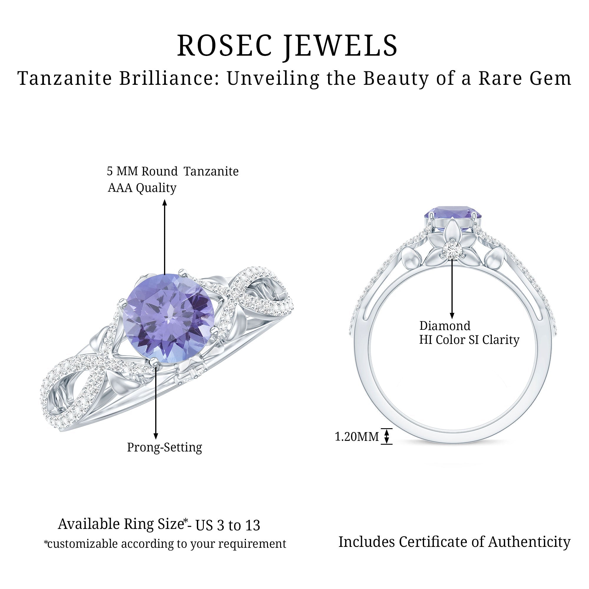 Tanzanite Engagement Ring – Designer Blue Violet Tanzanite with Diamond Crossover Shank
