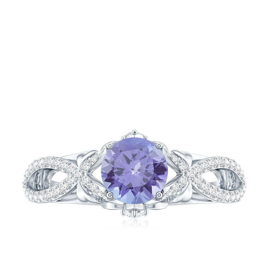 Tanzanite Engagement Ring – Designer Blue Violet Tanzanite with Diamond Crossover Shank