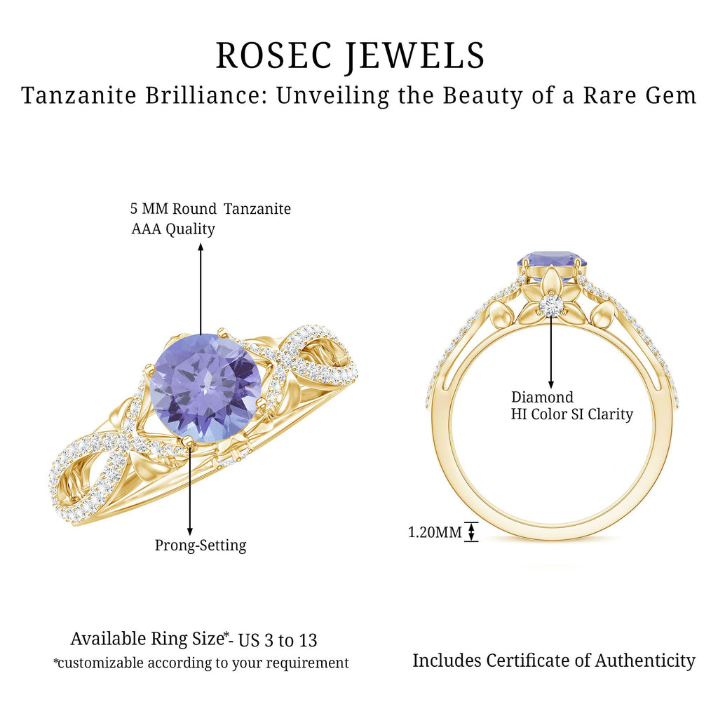 Tanzanite Engagement Ring – Designer Blue Violet Tanzanite with Diamond Crossover Shank