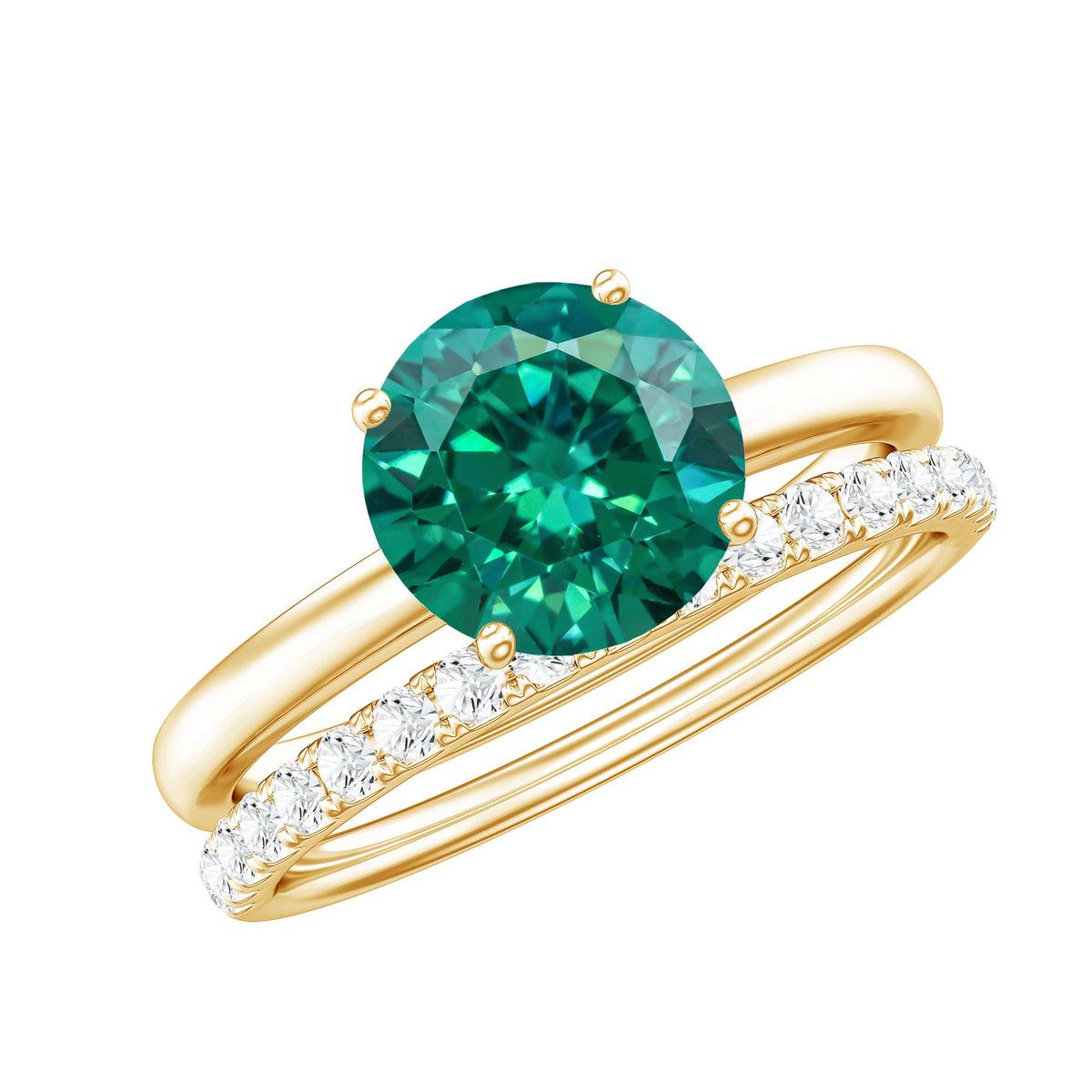 Lab Grown Emerald Ring - Solitaire Engagement Set With Diamond Wedding Band