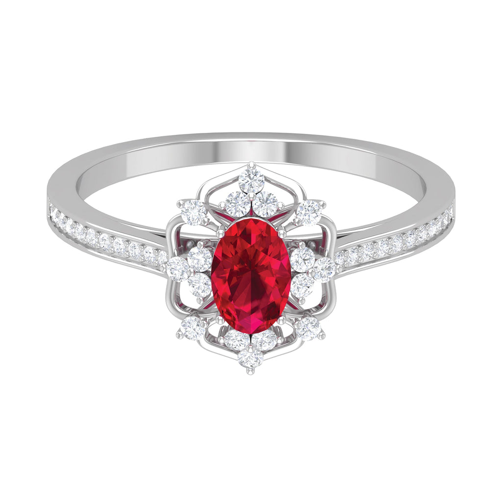 Ruby Engagement Ring – Vintage Oval Ruby Ring with Diamond Accent | AAA Grade