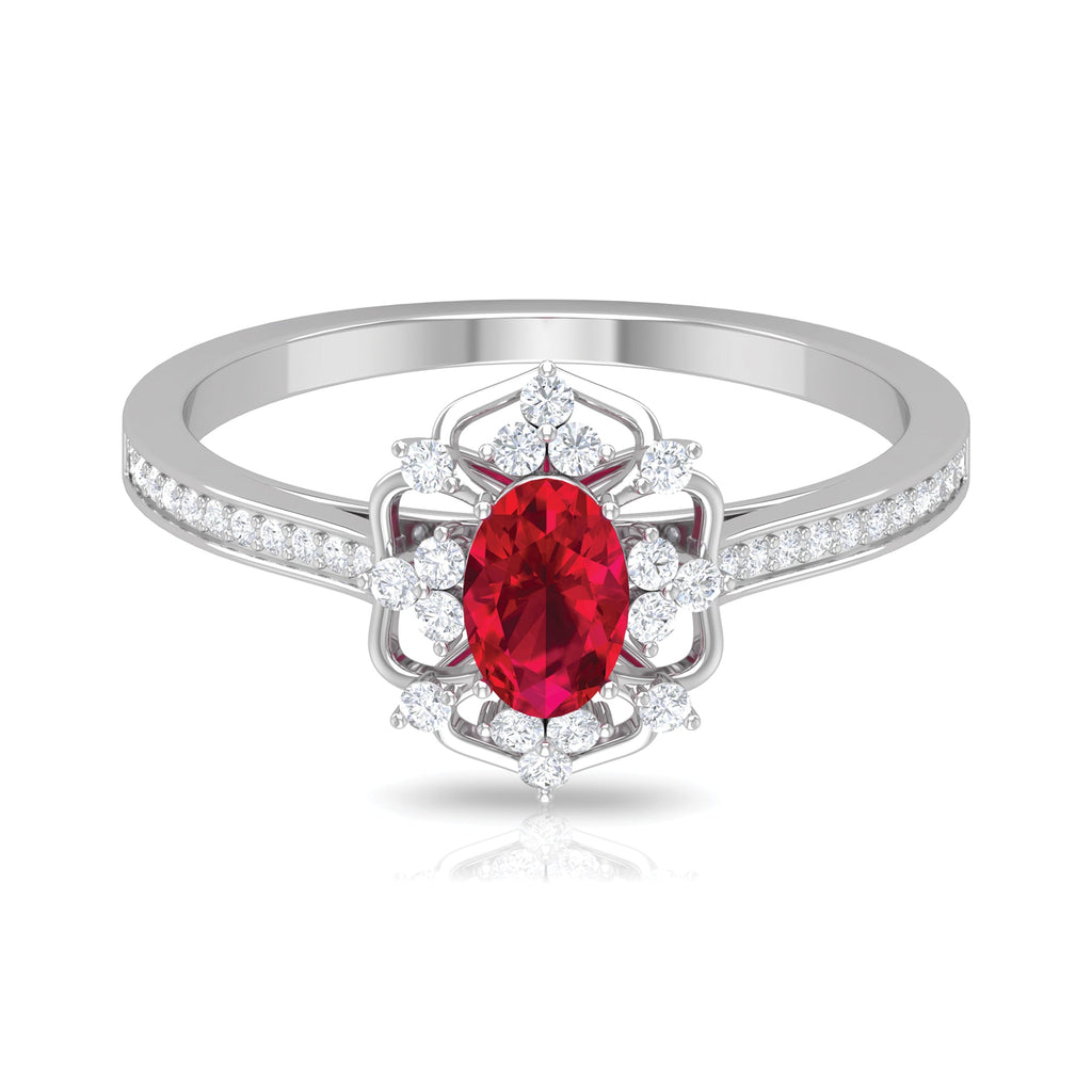 Ruby Engagement Ring – Vintage Oval Ruby Ring with Diamond Accent | AAA Grade
