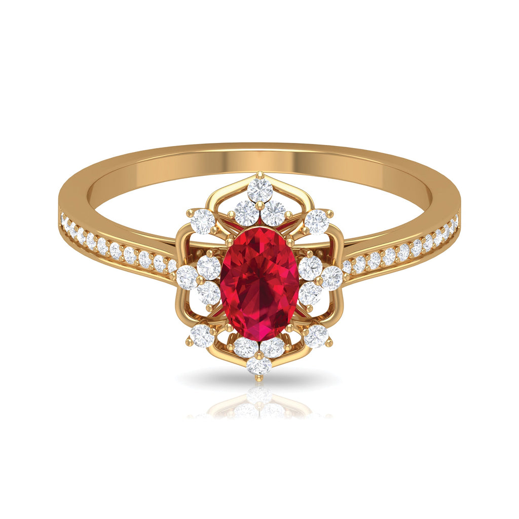 Ruby Engagement Ring – Vintage Oval Ruby Ring with Diamond Accent | AAA Grade