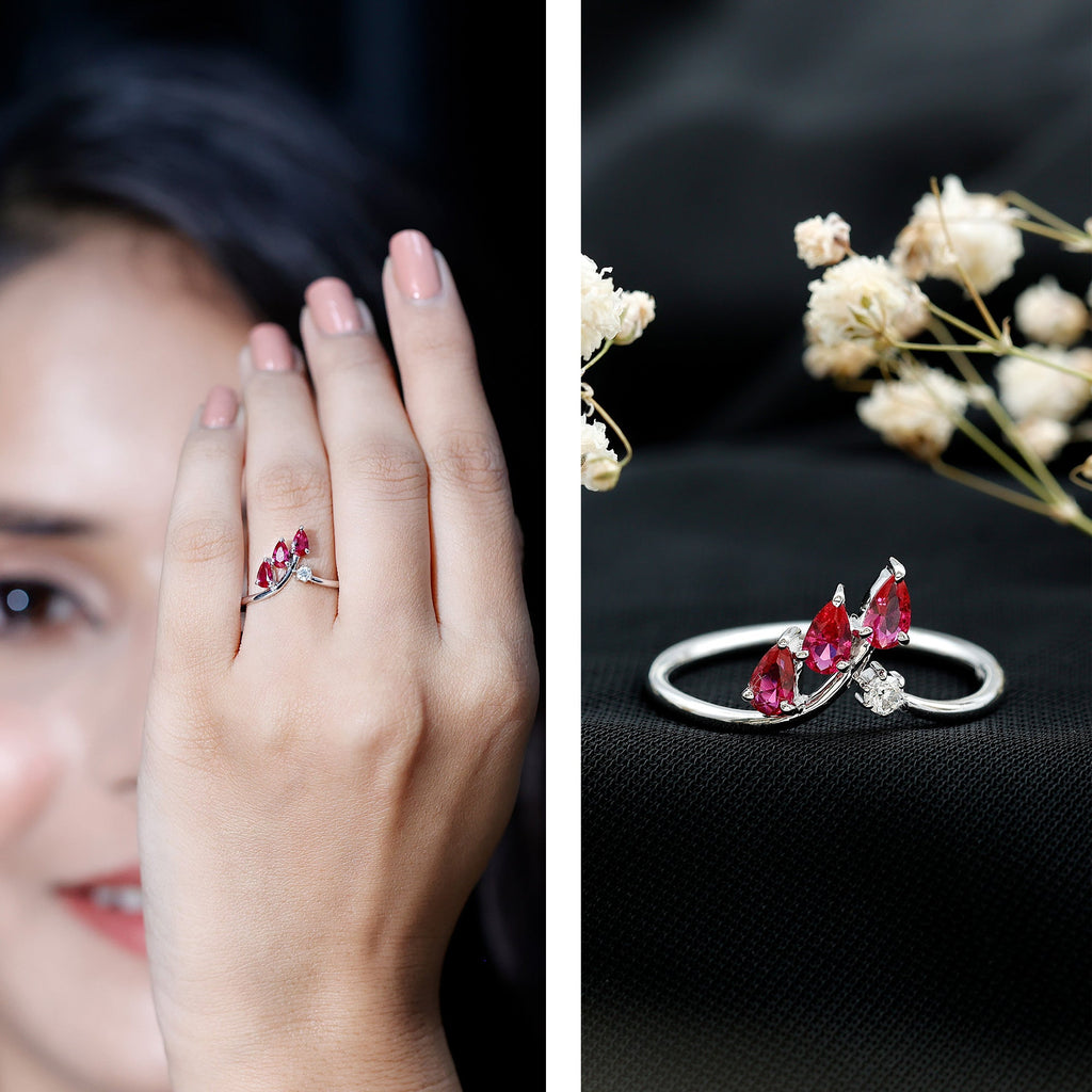 Lab Grown Ruby Ring – Stackable Engagement Ring Enhancer With Leaf Motif Design