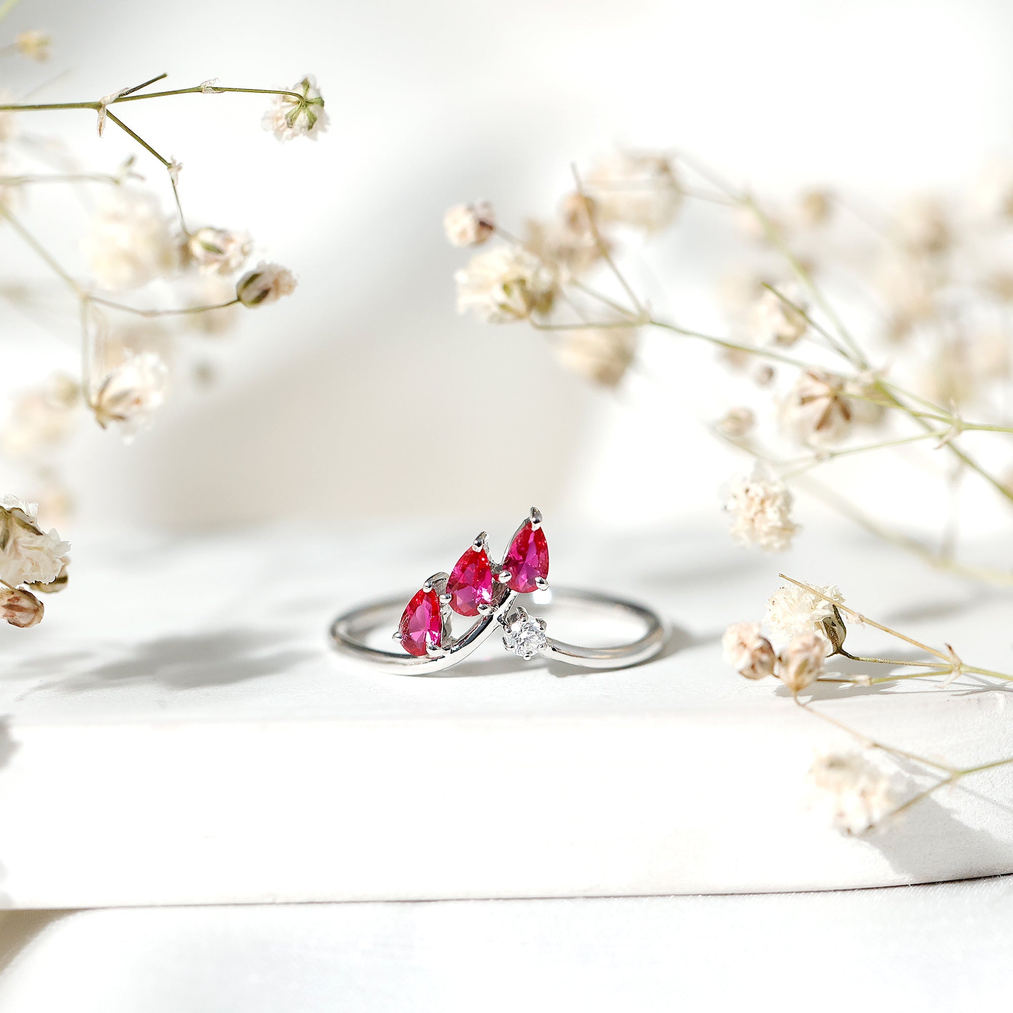 Lab Grown Ruby Ring – Stackable Engagement Ring Enhancer With Leaf Motif Design