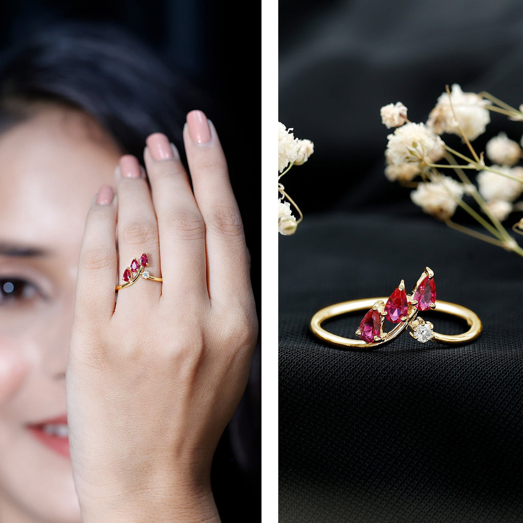Lab Grown Ruby Ring – Stackable Engagement Ring Enhancer With Leaf Motif Design