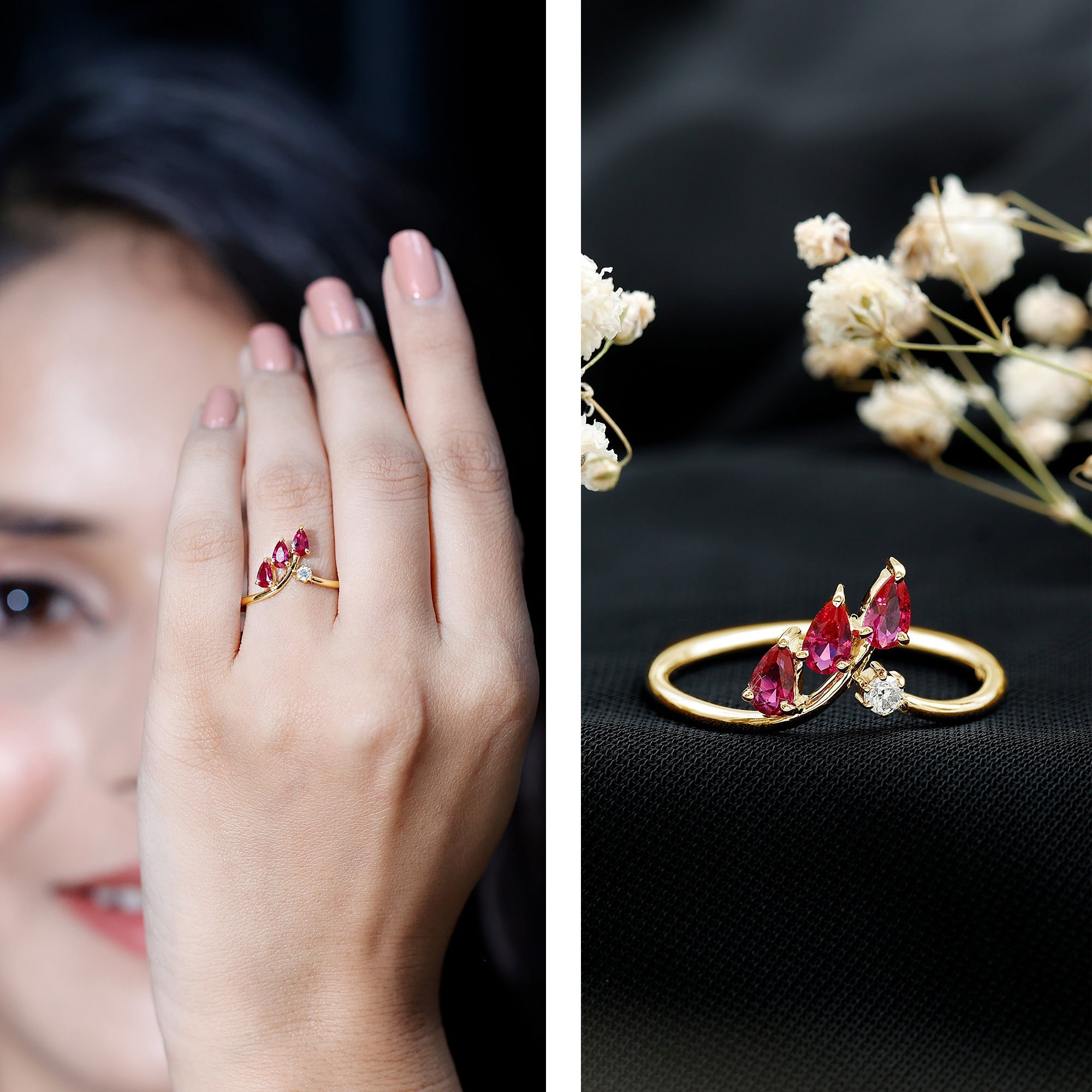 Lab Grown Ruby Ring – Stackable Engagement Ring Enhancer With Leaf Motif Design