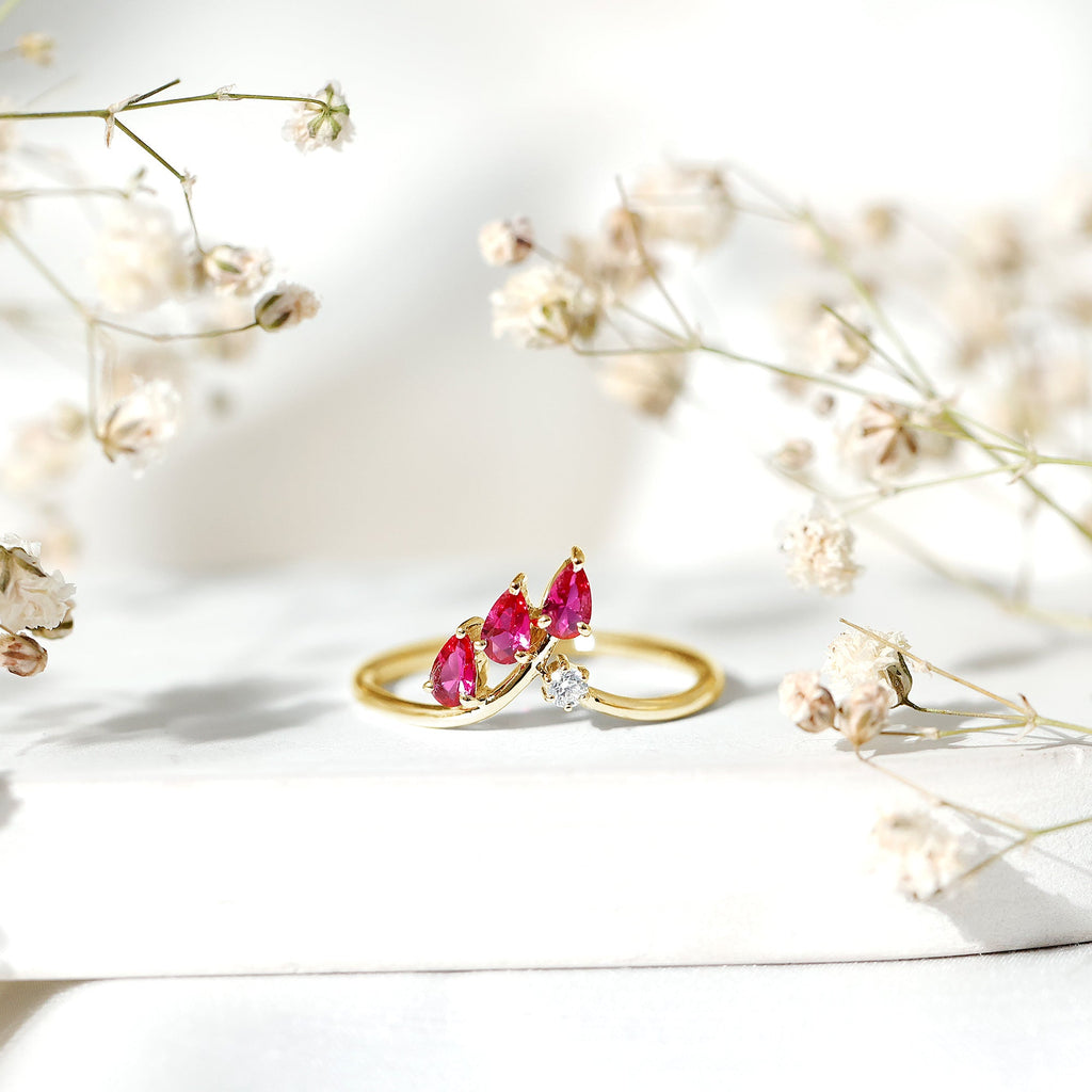 Lab Grown Ruby Ring – Stackable Engagement Ring Enhancer With Leaf Motif Design