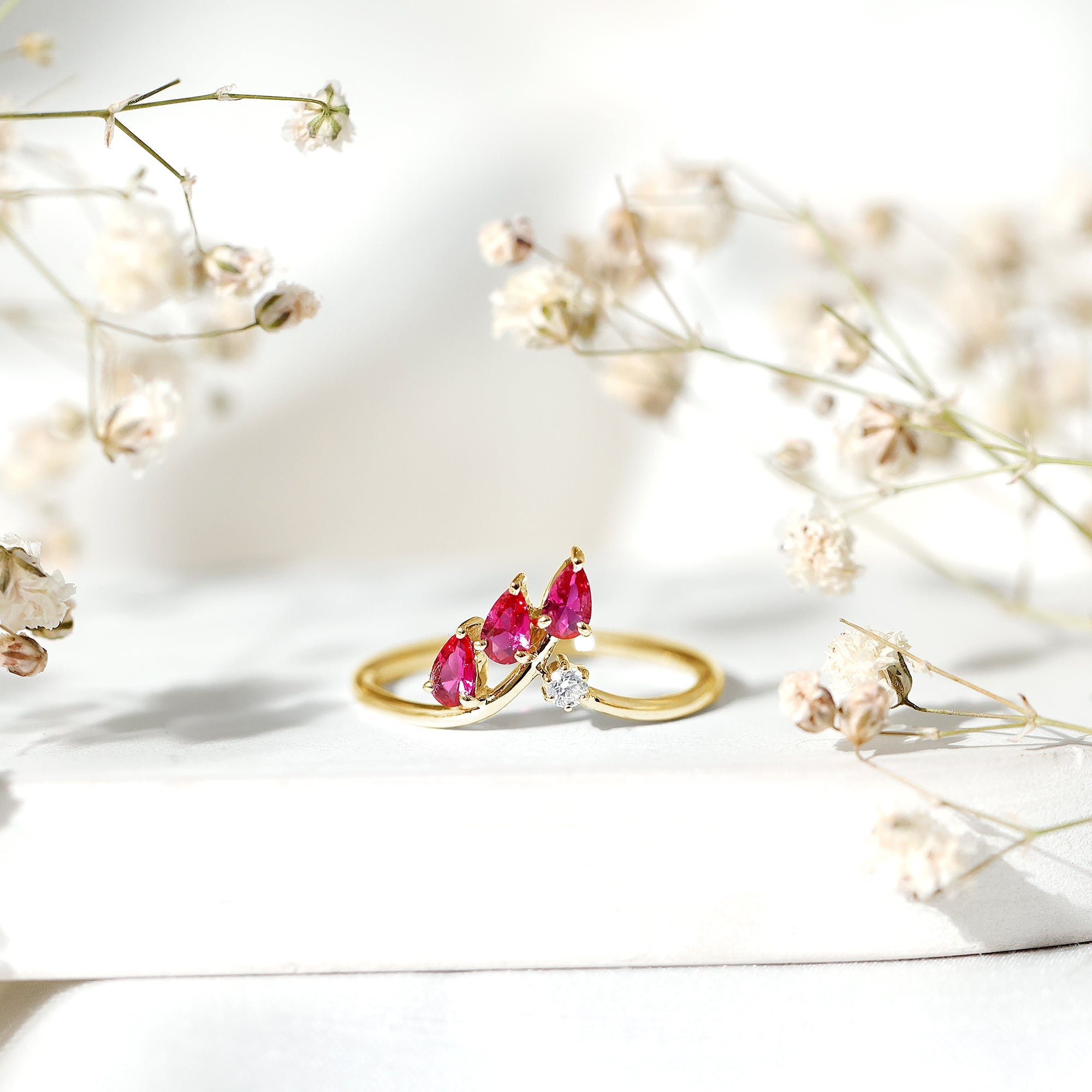 Lab Grown Ruby Ring – Stackable Engagement Ring Enhancer With Leaf Motif Design