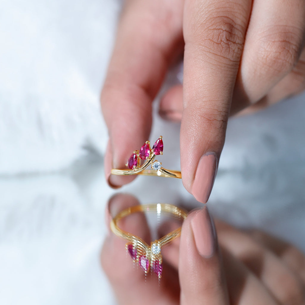 Lab Grown Ruby Ring – Stackable Engagement Ring Enhancer With Leaf Motif Design