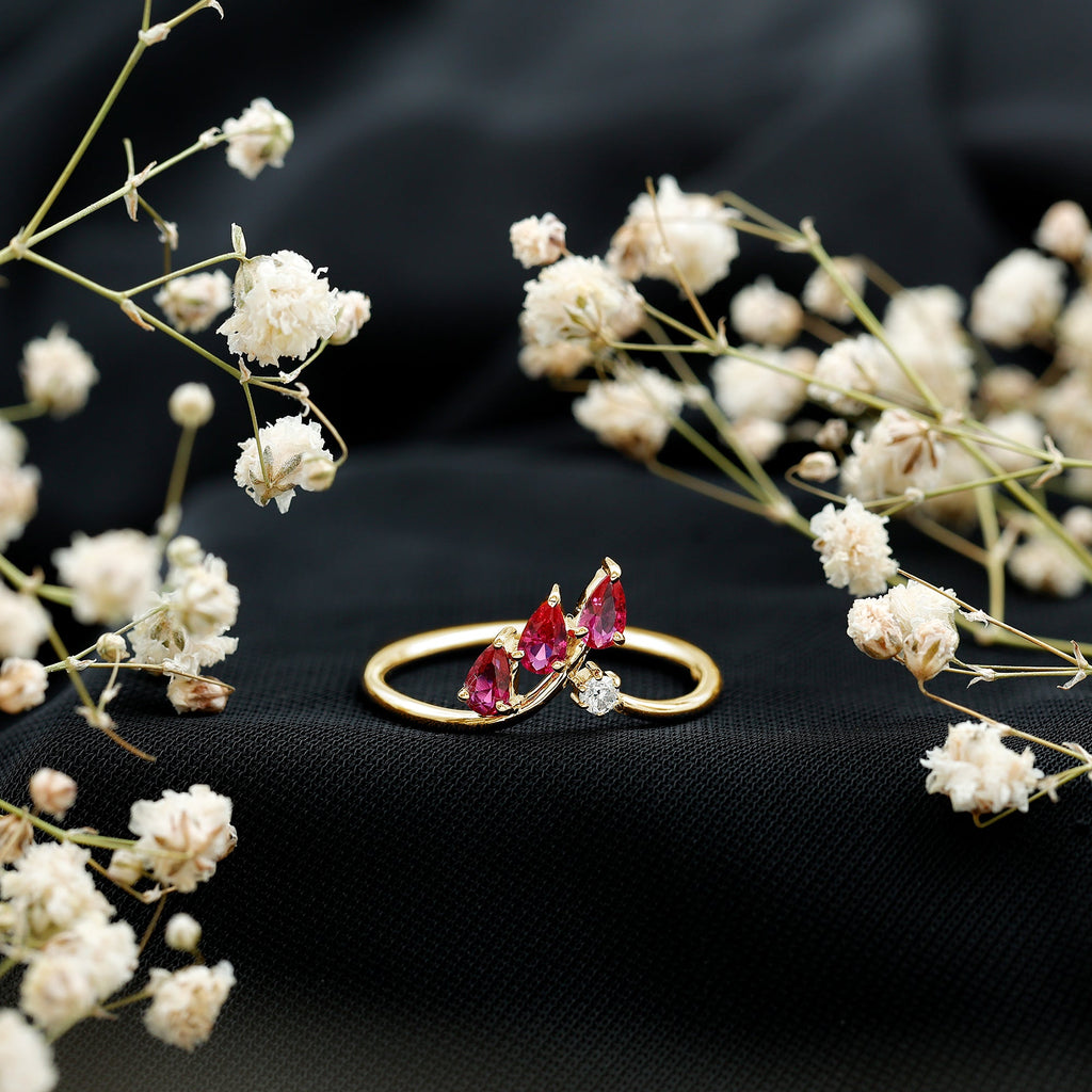 Lab Grown Ruby Ring – Stackable Engagement Ring Enhancer With Leaf Motif Design
