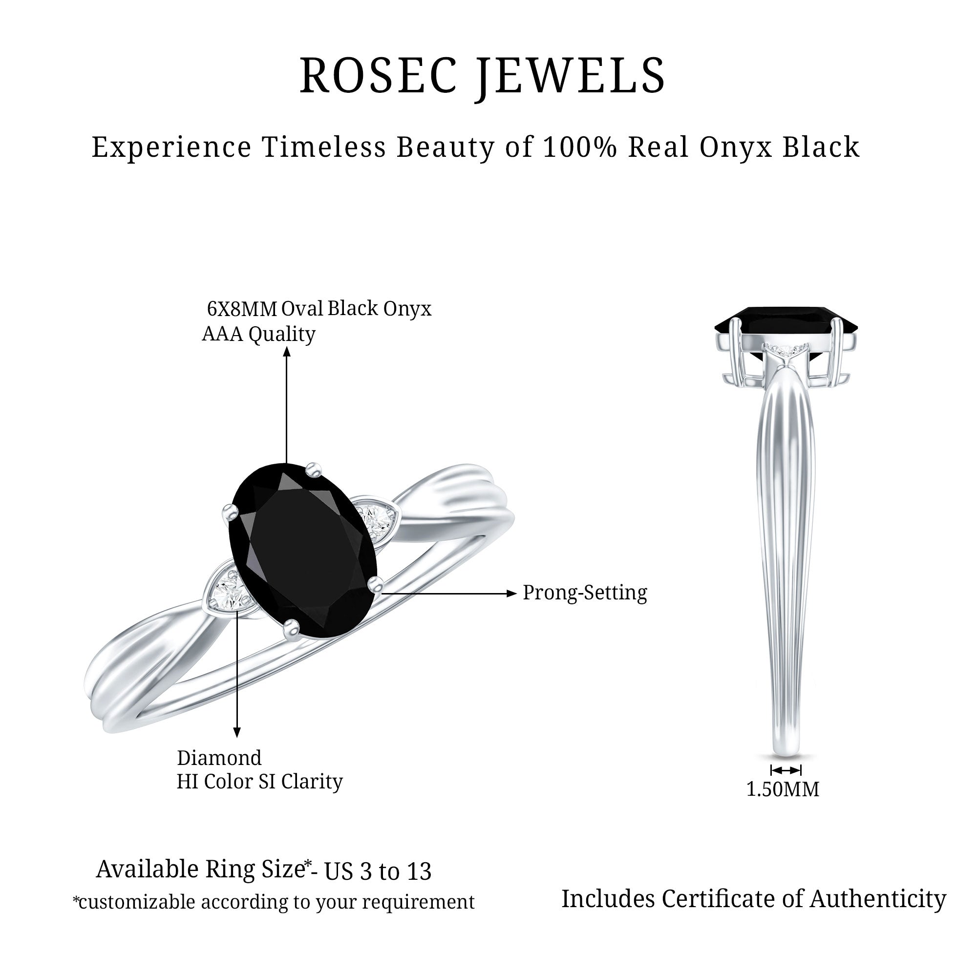 Solitaire Black Onyx Oval Engagement Ring with Diamond