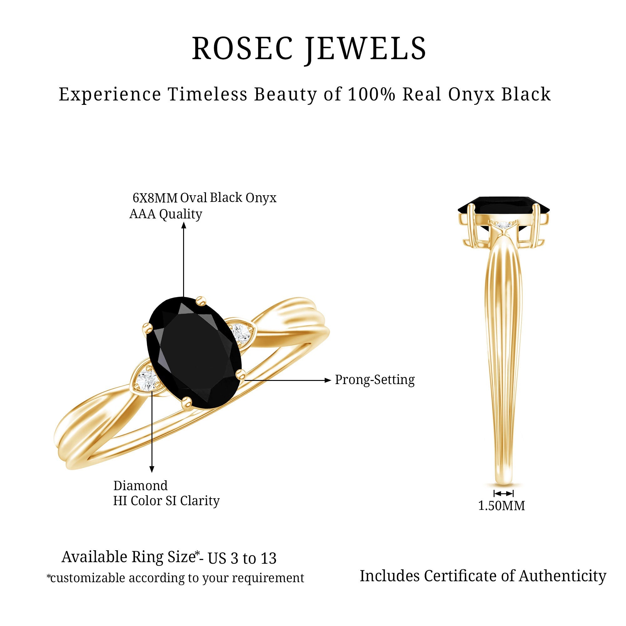 Solitaire Black Onyx Oval Engagement Ring with Diamond