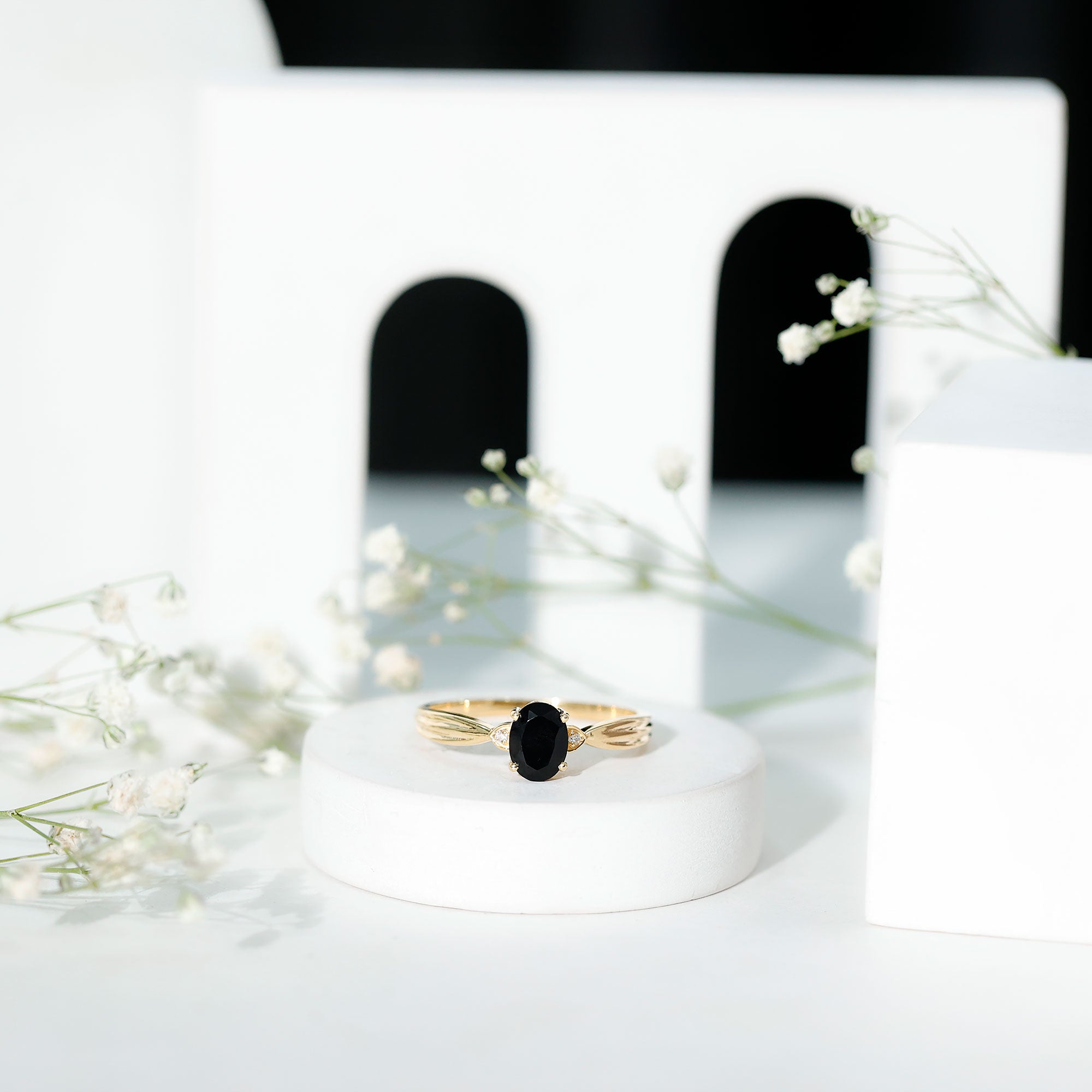 Solitaire Black Onyx Oval Engagement Ring with Diamond