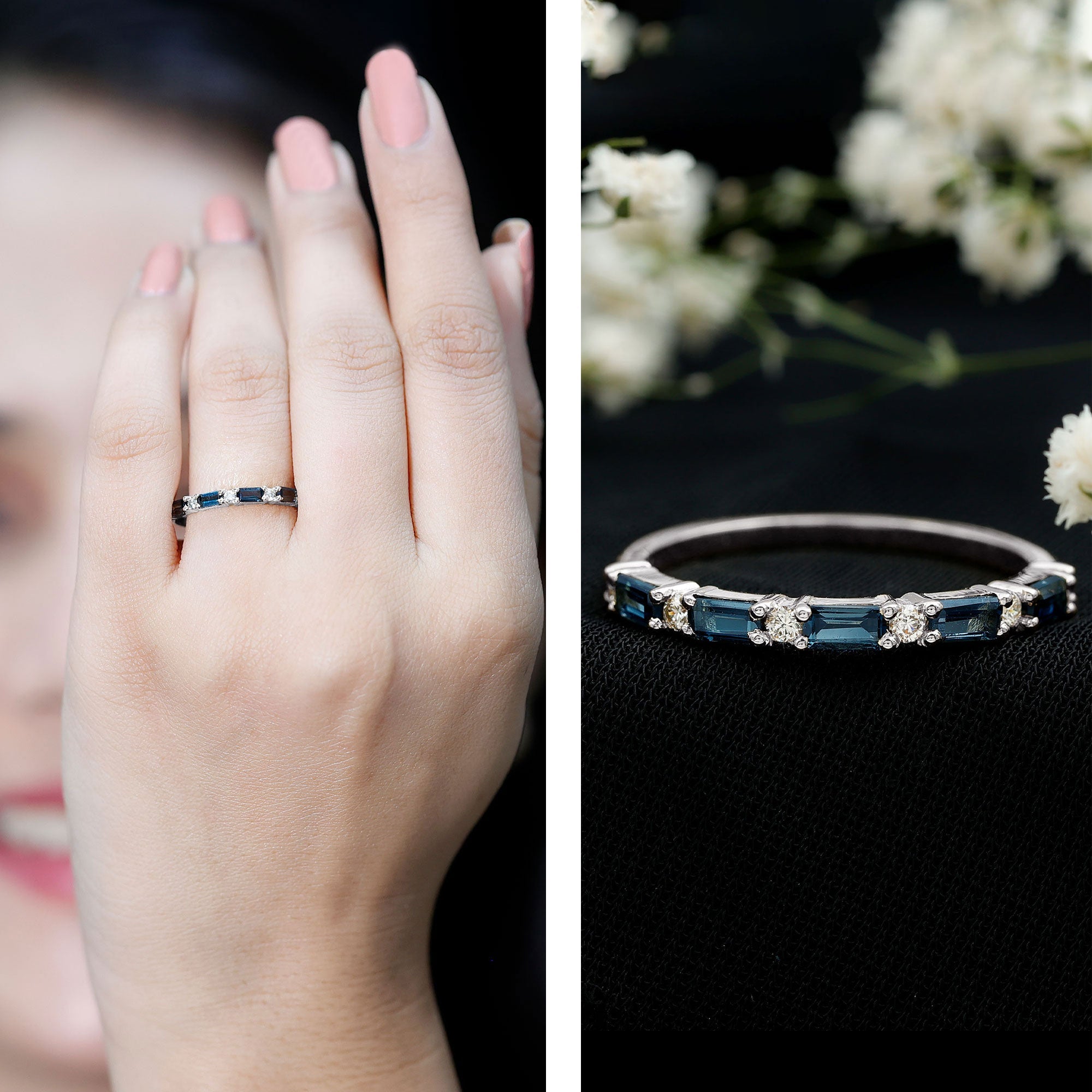 Baguette London Blue Topaz and Diamond Stackable Band Ring