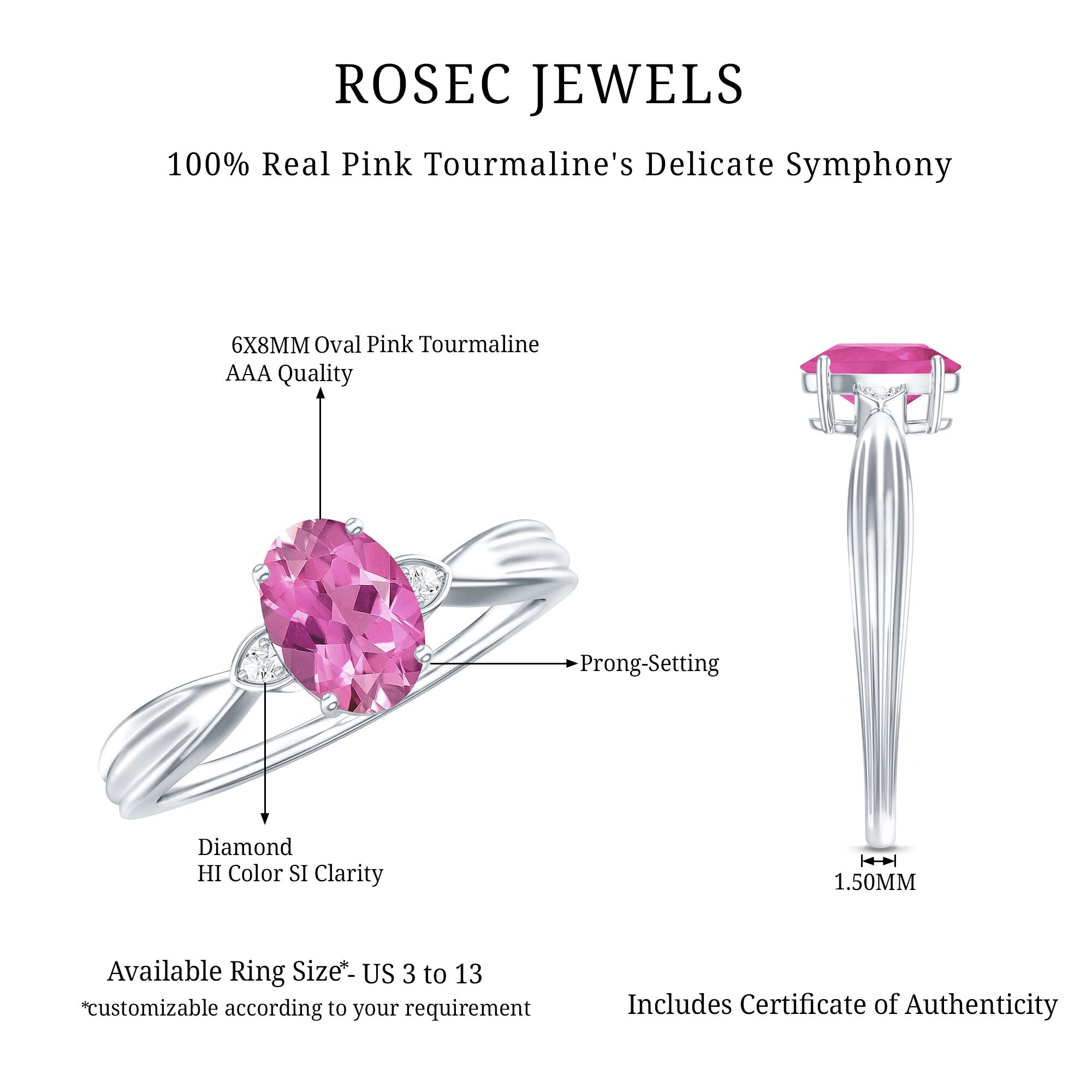 Pink Tourmaline Ring – Oval Pink Tourmaline Solitaire Diamond Accent Prong Setting