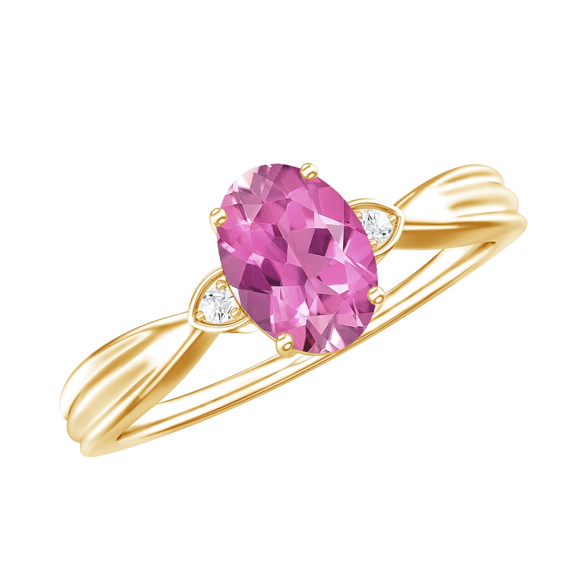 Pink Tourmaline Ring – Oval Pink Tourmaline Solitaire Diamond Accent Prong Setting