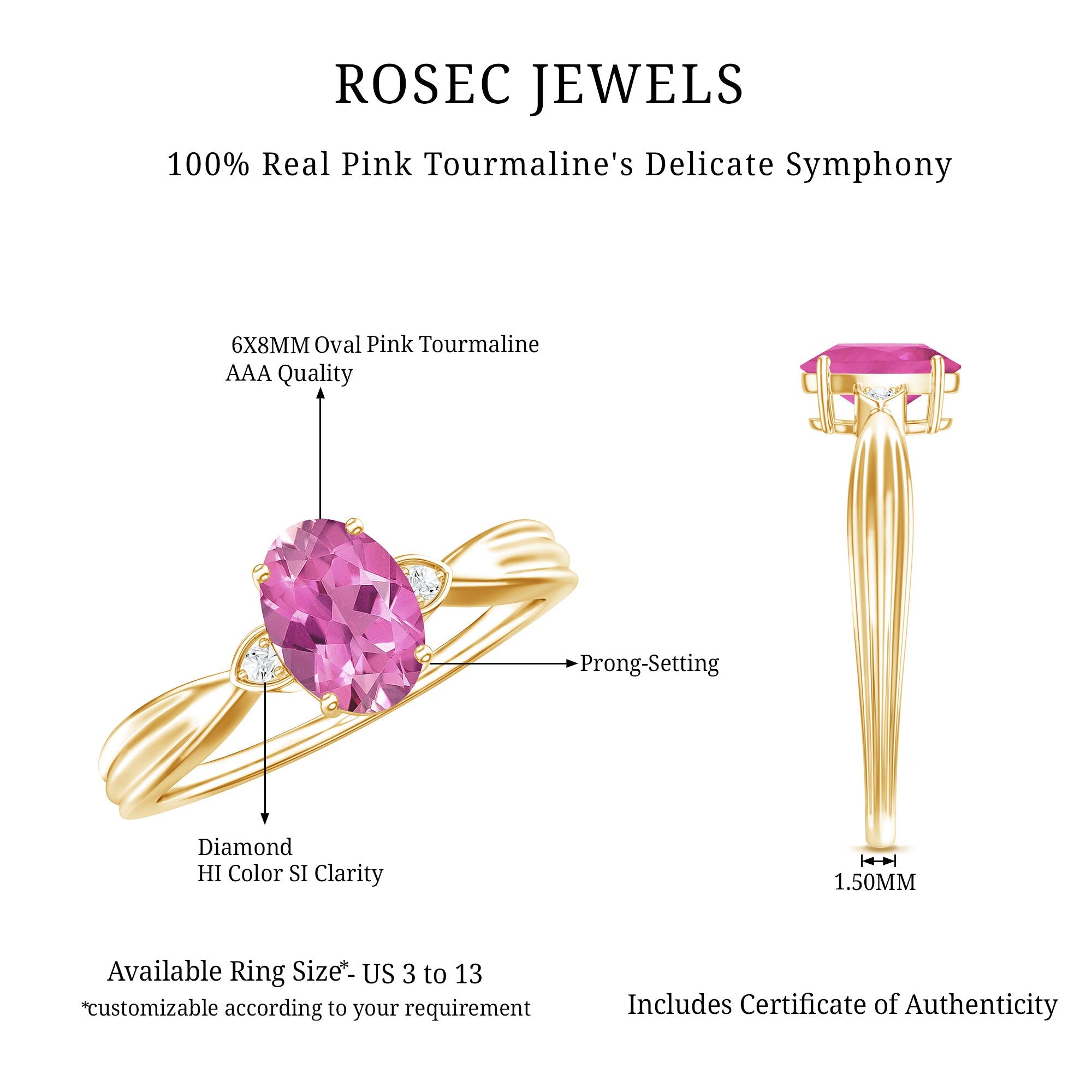 Pink Tourmaline Ring – Oval Pink Tourmaline Solitaire Diamond Accent Prong Setting