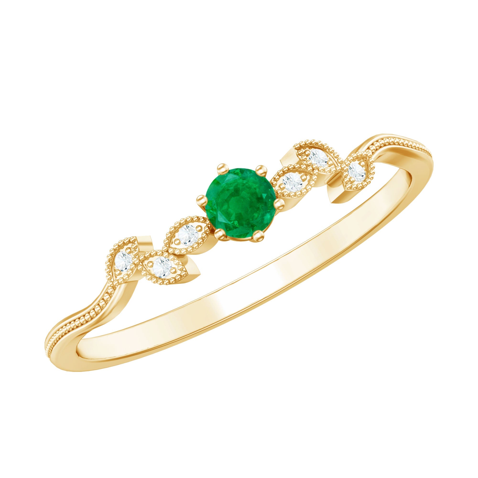 Emerald Promise Ring – Leafy Branch Ring with Round Cut Emerald & Diamond Accent