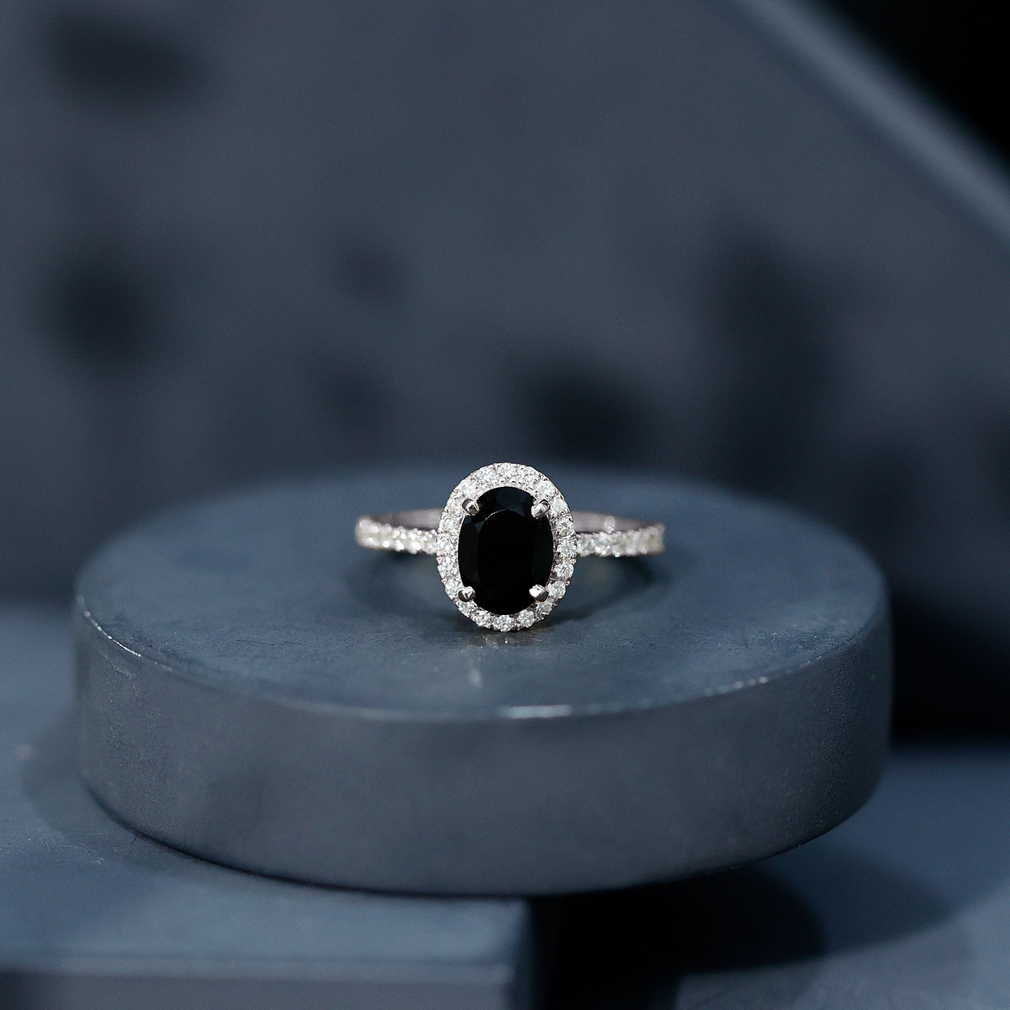 1 Carat Oval Black Onyx and Diamond Halo Engagement Ring