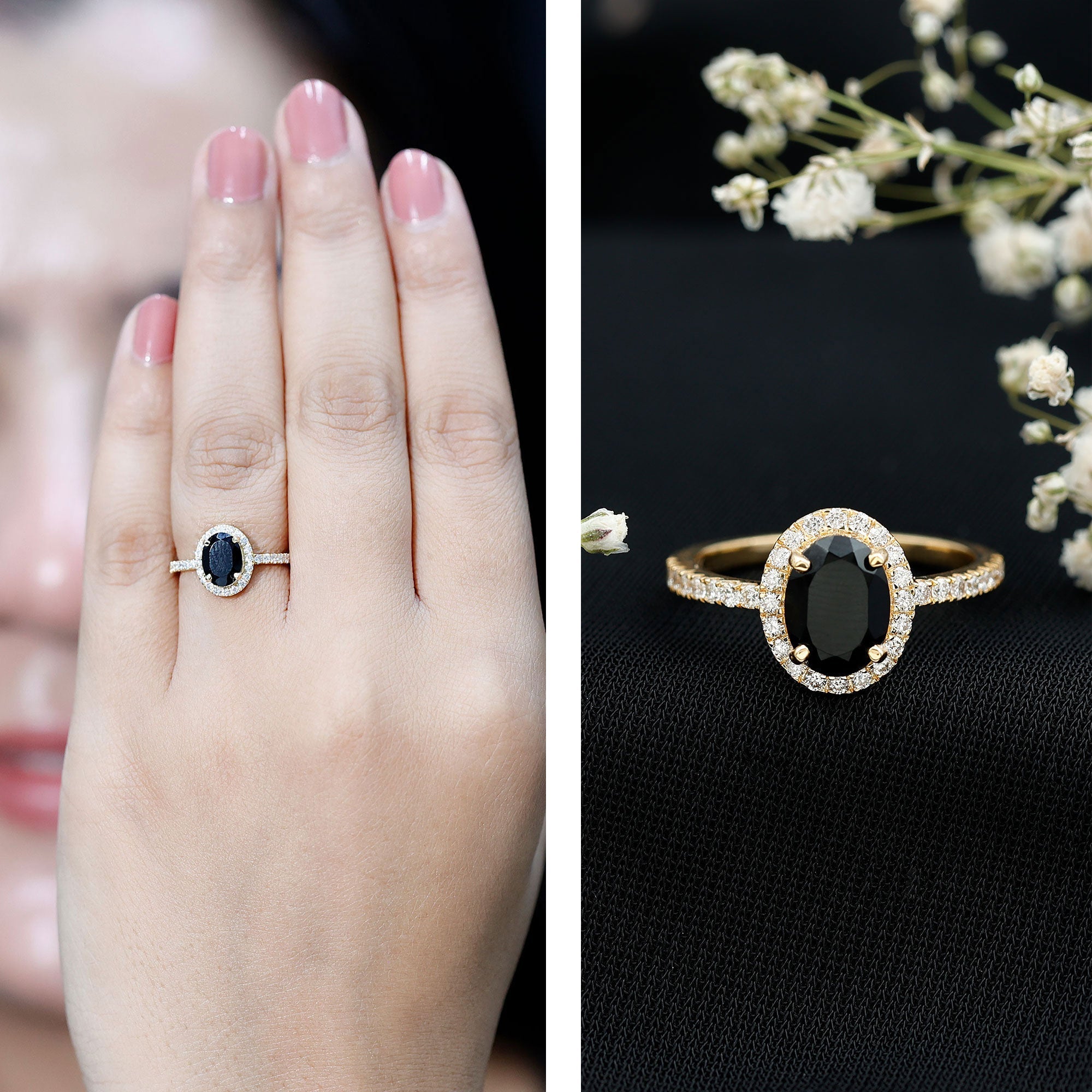 1 Carat Oval Black Onyx and Diamond Halo Engagement Ring