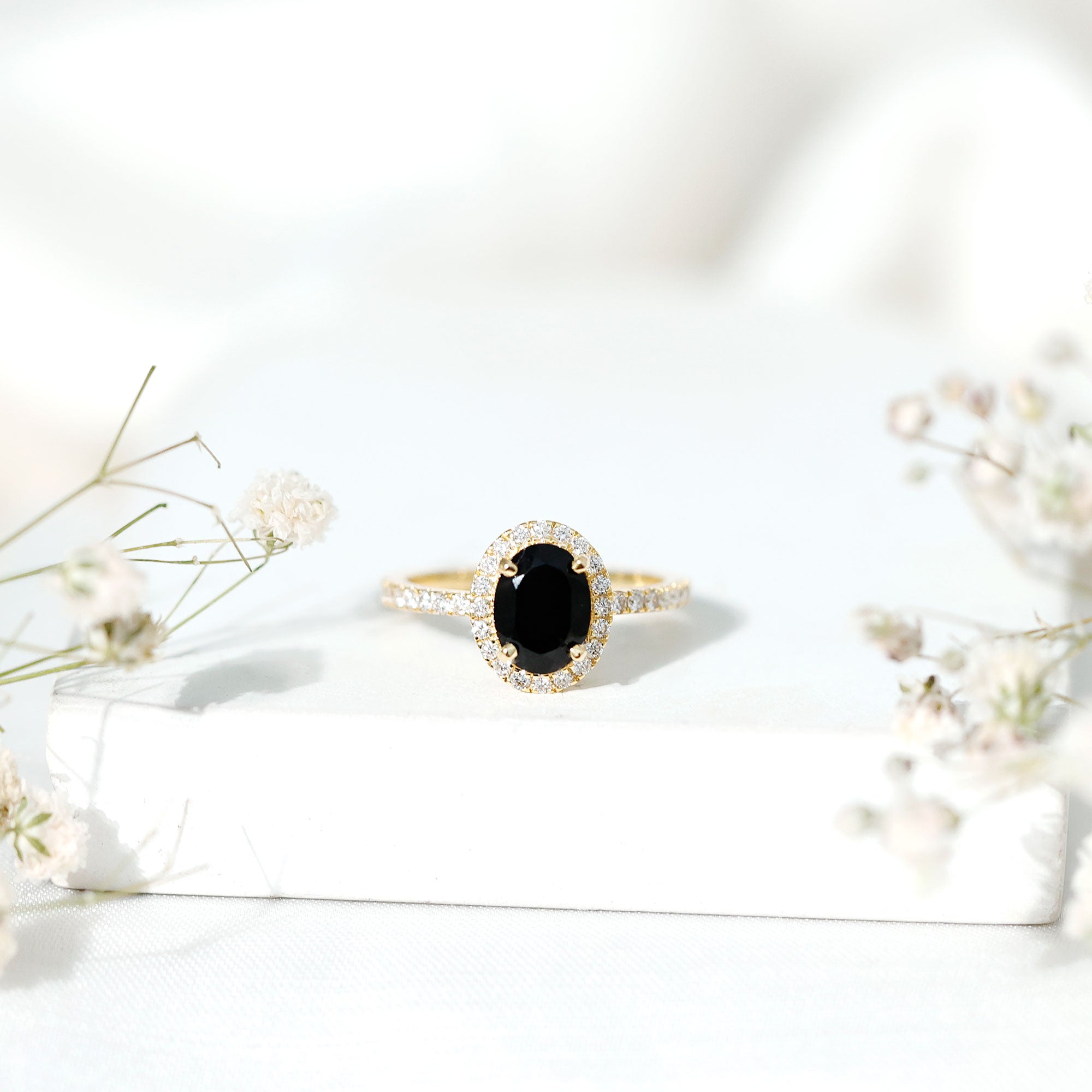 1 Carat Oval Black Onyx and Diamond Halo Engagement Ring