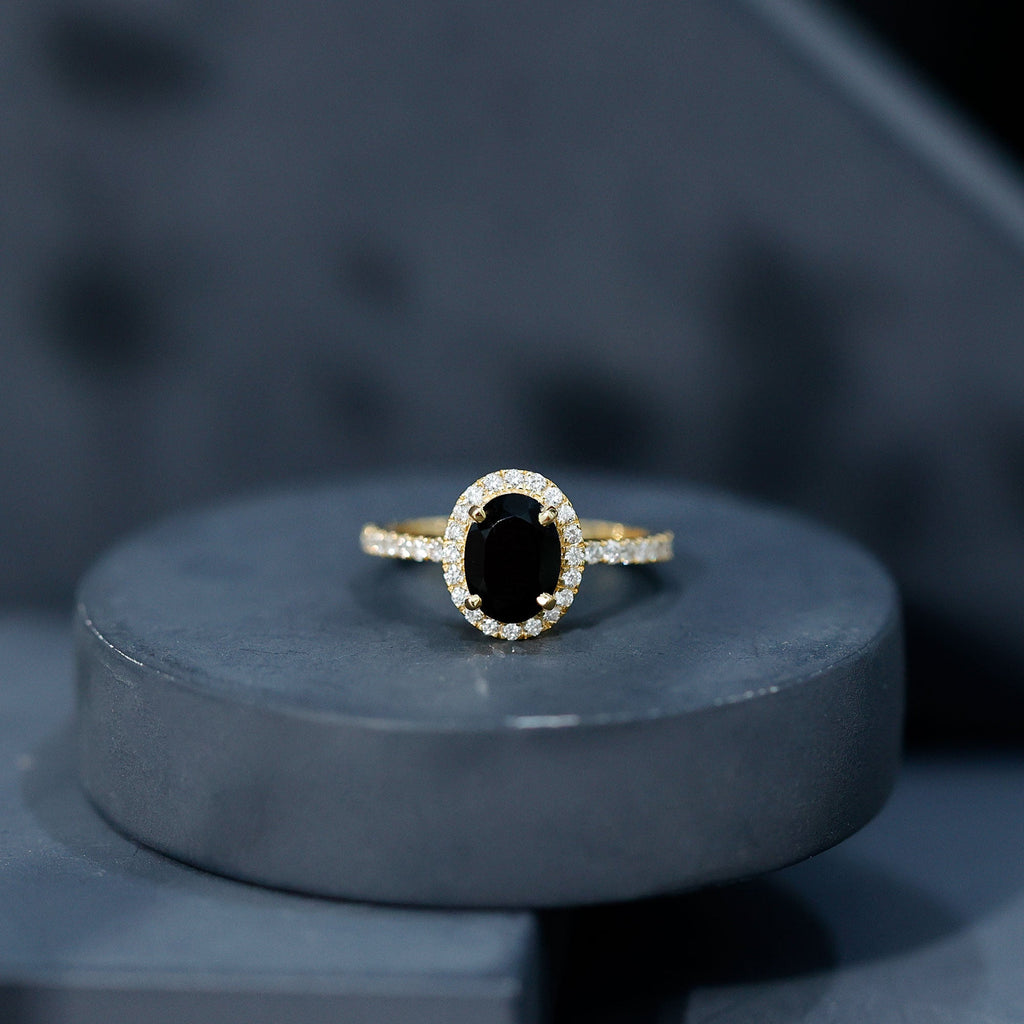 1 Carat Oval Black Onyx and Diamond Halo Engagement Ring