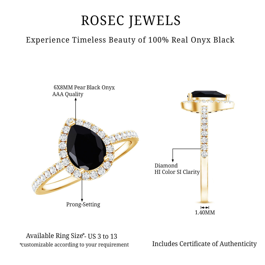 Genuine Black Onyx Teardrop Engagement Ring with Diamond