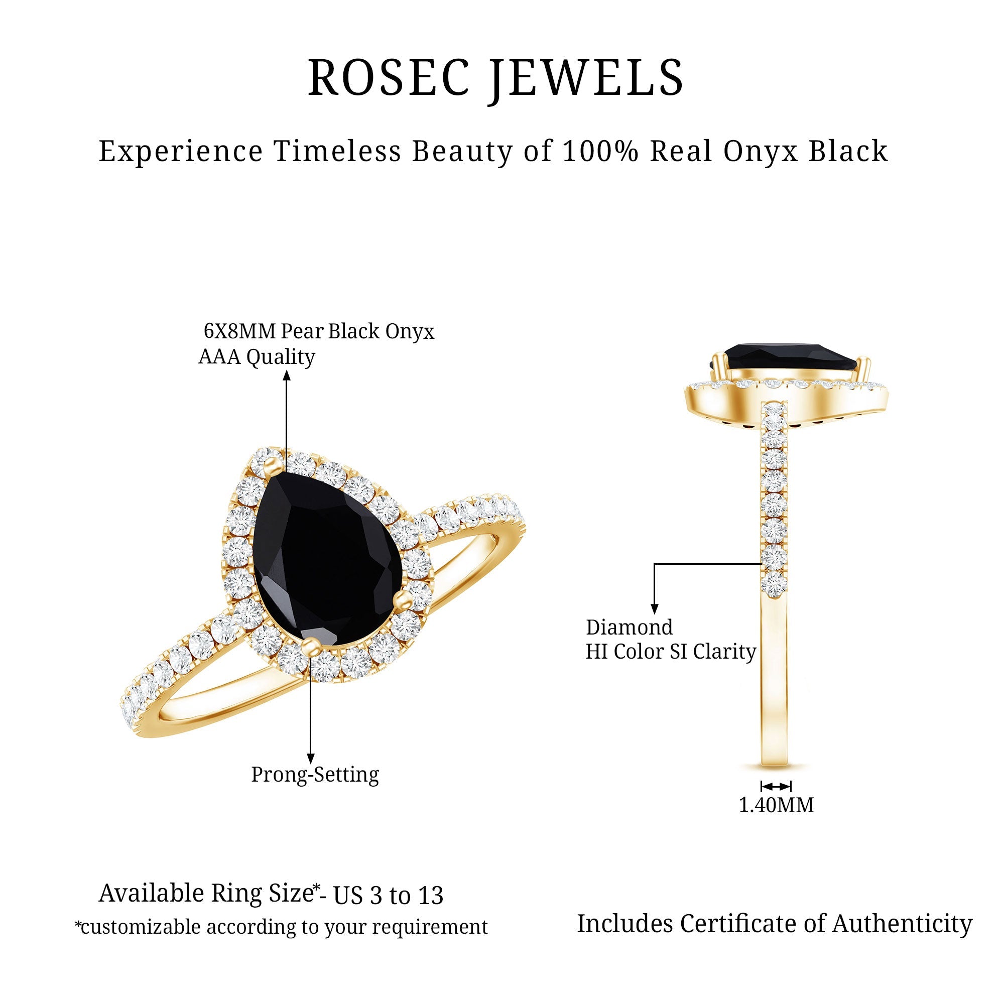 Genuine Black Onyx Teardrop Engagement Ring with Diamond