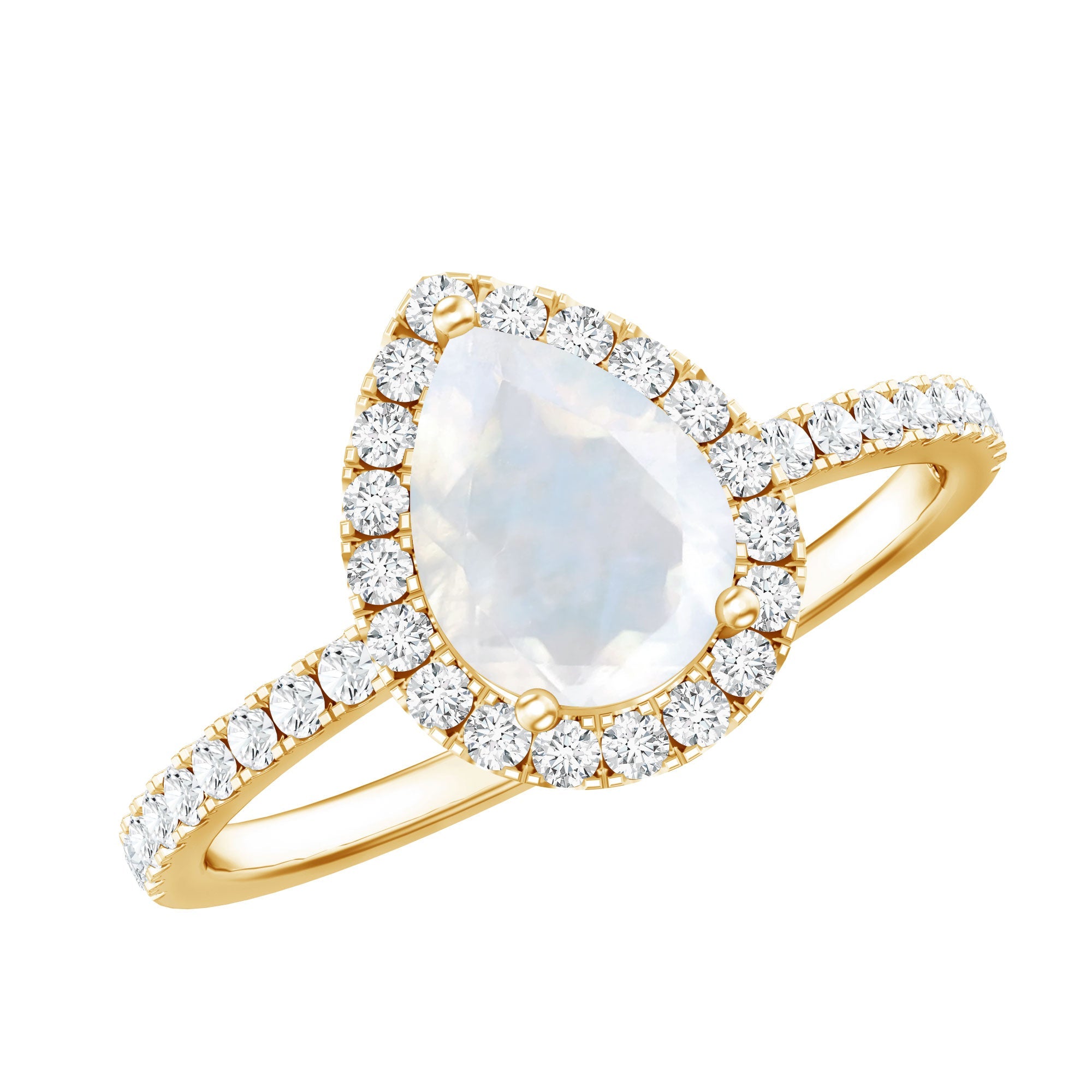 Moonstone Engagement Ring – Pear Cut Solitaire with Diamond Halo | Solid Gold Jewelry