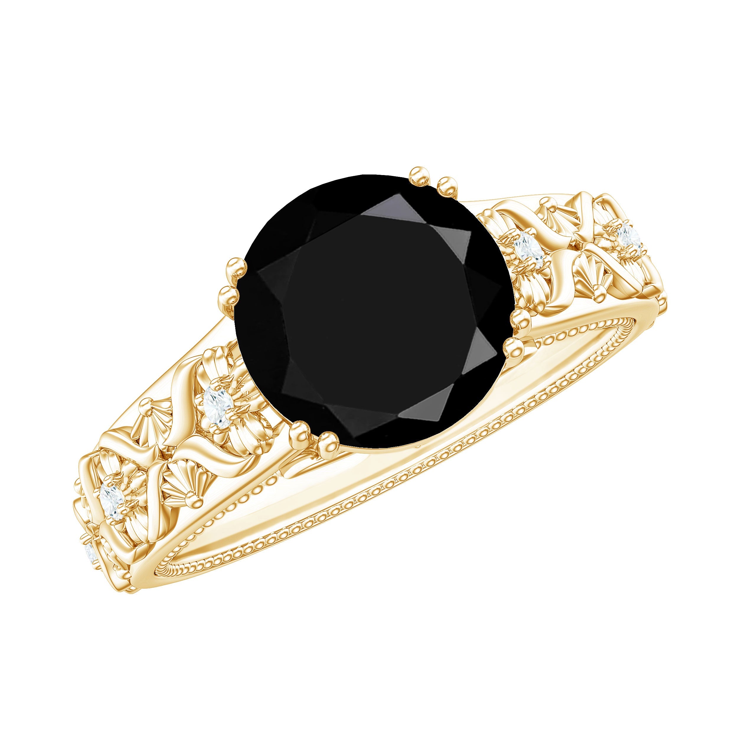 2 Carat Round Black Onyx Solitaire Antique Looking Engagement Ring with Diamond