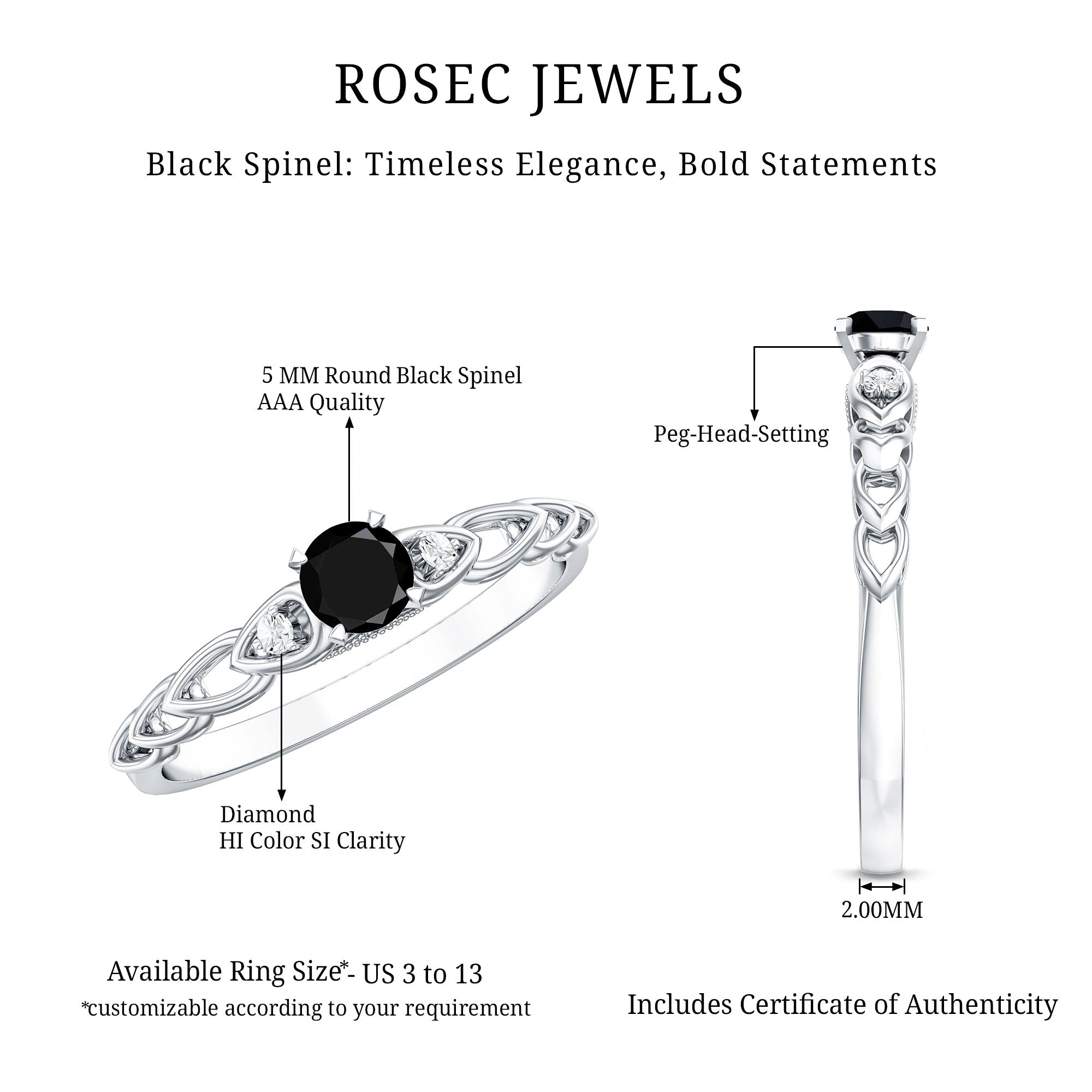 Natural Black Spinel Diamond Promise Ring with Certificate