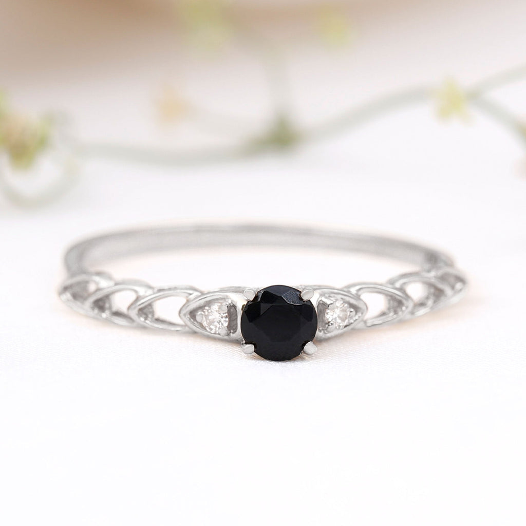 Natural Black Spinel Diamond Promise Ring with Certificate