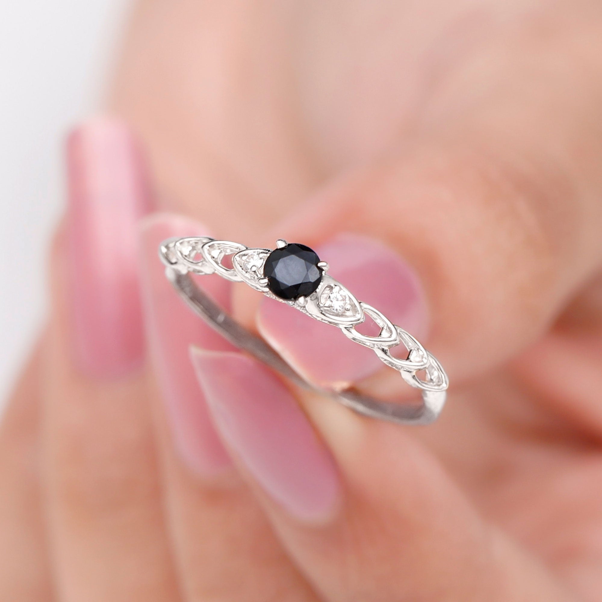 Natural Black Spinel Diamond Promise Ring with Certificate