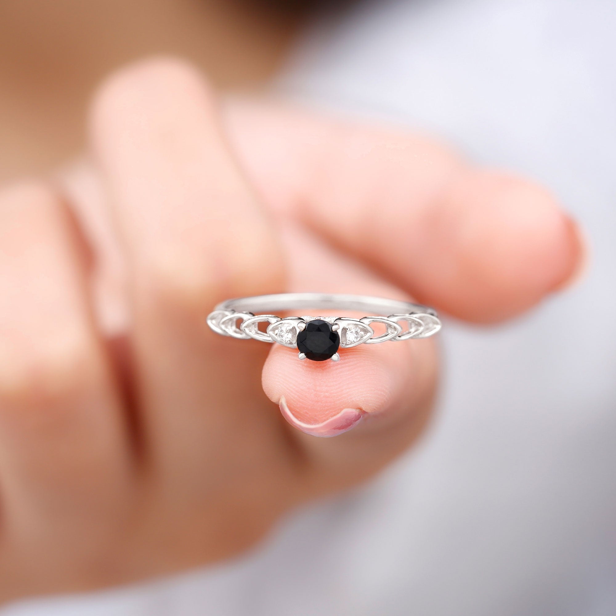 Natural Black Spinel Diamond Promise Ring with Certificate