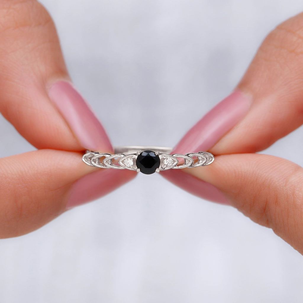 Natural Black Spinel Diamond Promise Ring with Certificate