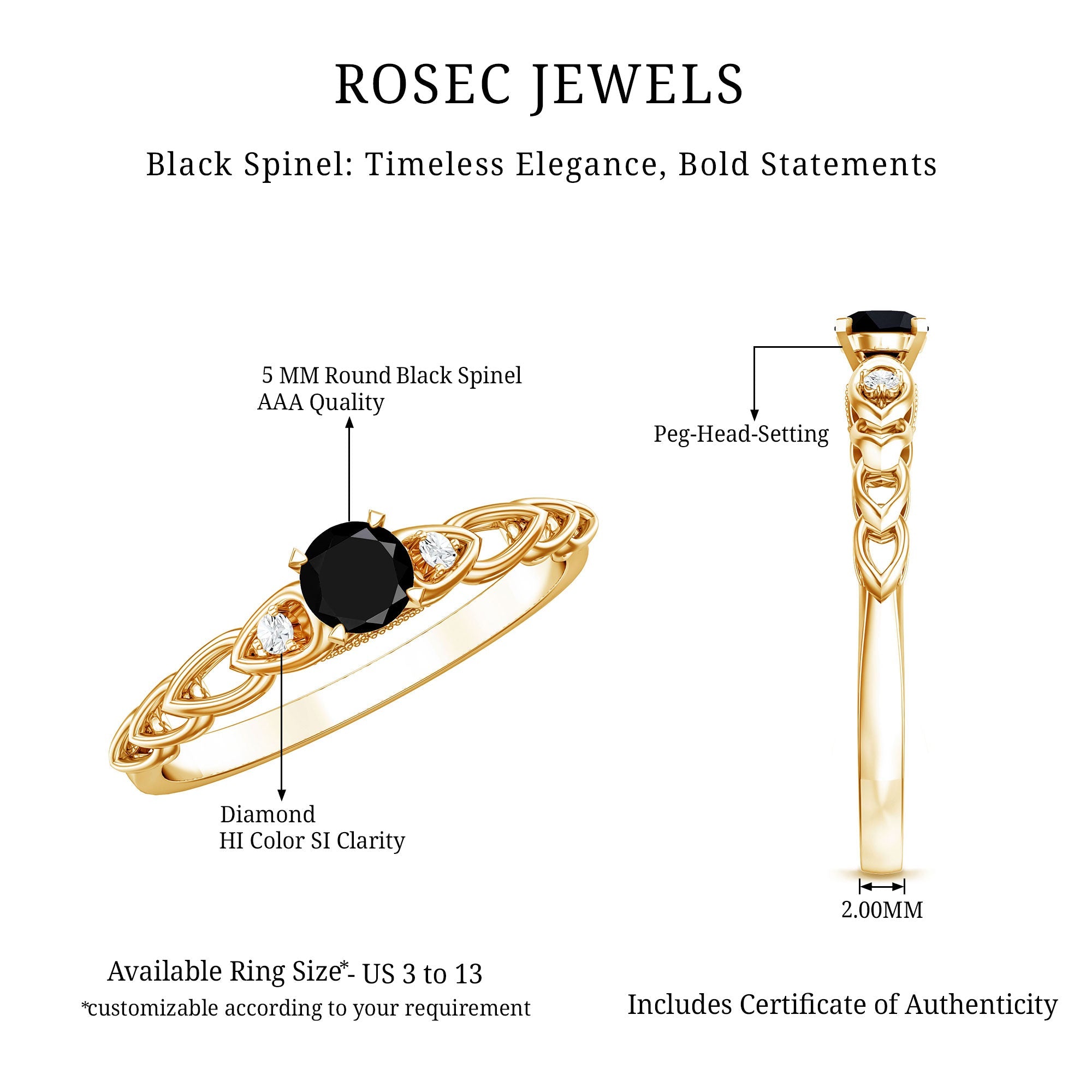 Natural Black Spinel Diamond Promise Ring with Certificate