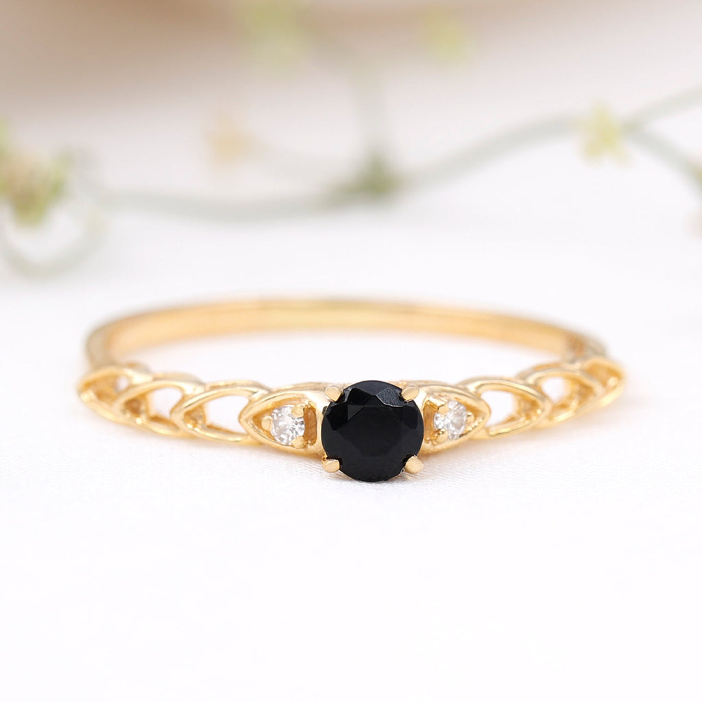 Natural Black Spinel Diamond Promise Ring with Certificate