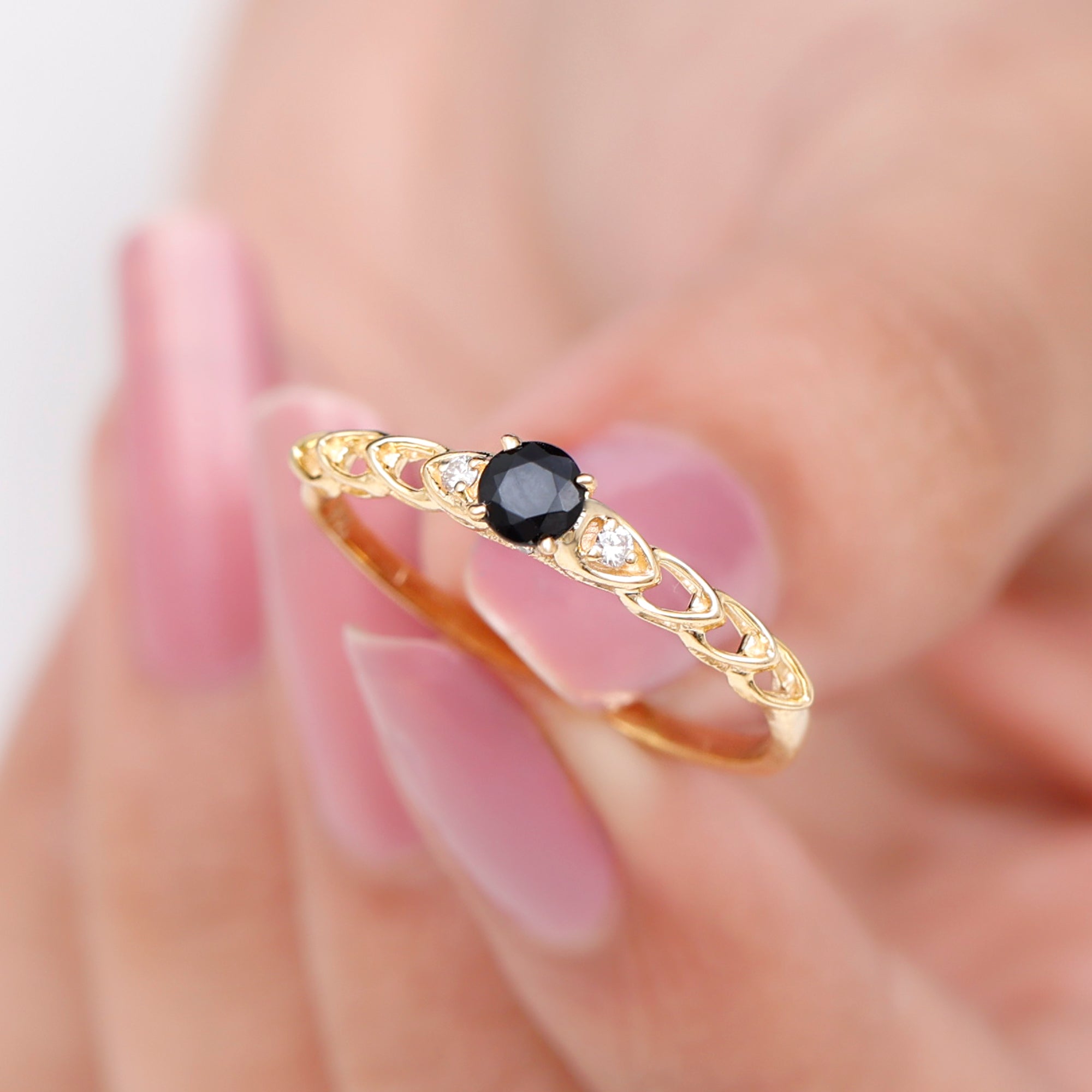 Natural Black Spinel Diamond Promise Ring with Certificate
