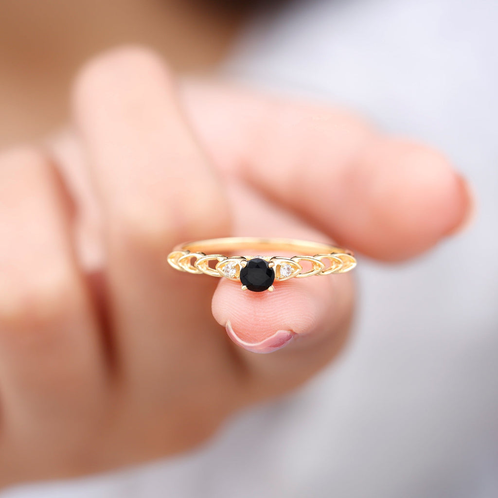 Natural Black Spinel Diamond Promise Ring with Certificate