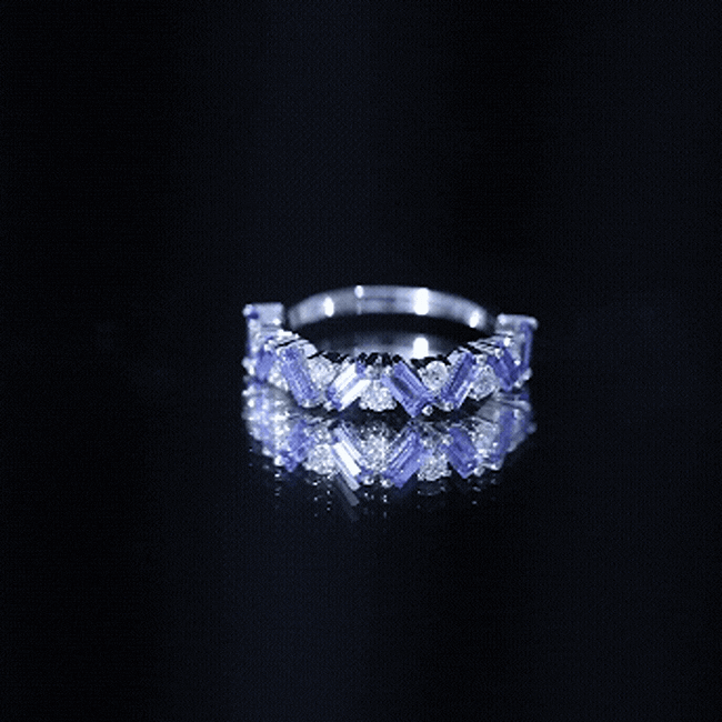 Tanzanite Eternity Ring – Half Eternity Band with Baguette Cut Tanzanite & Lab Grown Diamonds