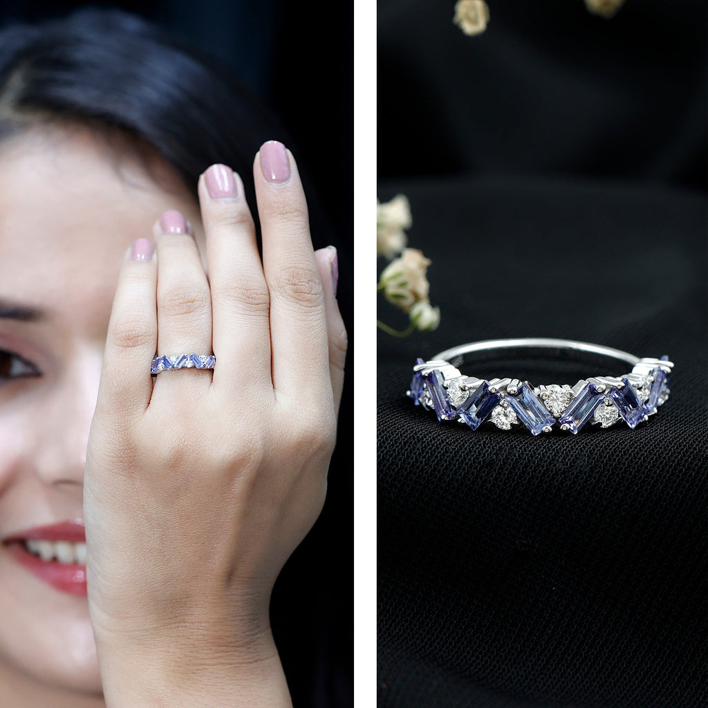 Tanzanite Eternity Ring – Half Eternity Band with Baguette Cut Tanzanite & Lab Grown Diamonds