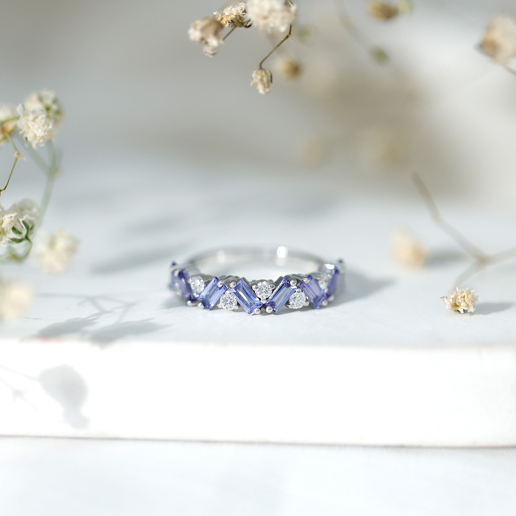 Tanzanite Eternity Ring – Half Eternity Band with Baguette Cut Tanzanite & Lab Grown Diamonds