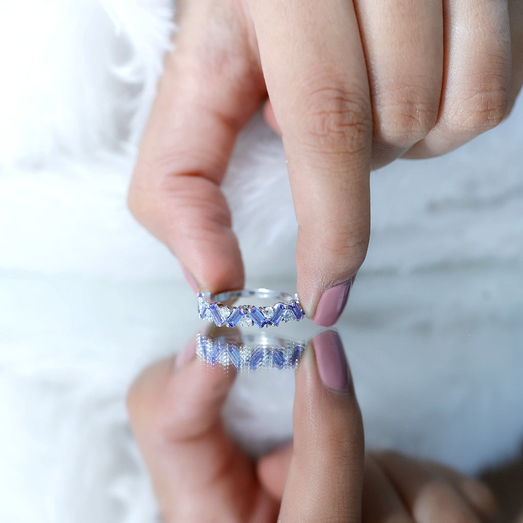 Tanzanite Eternity Ring – Half Eternity Band with Baguette Cut Tanzanite & Lab Grown Diamonds