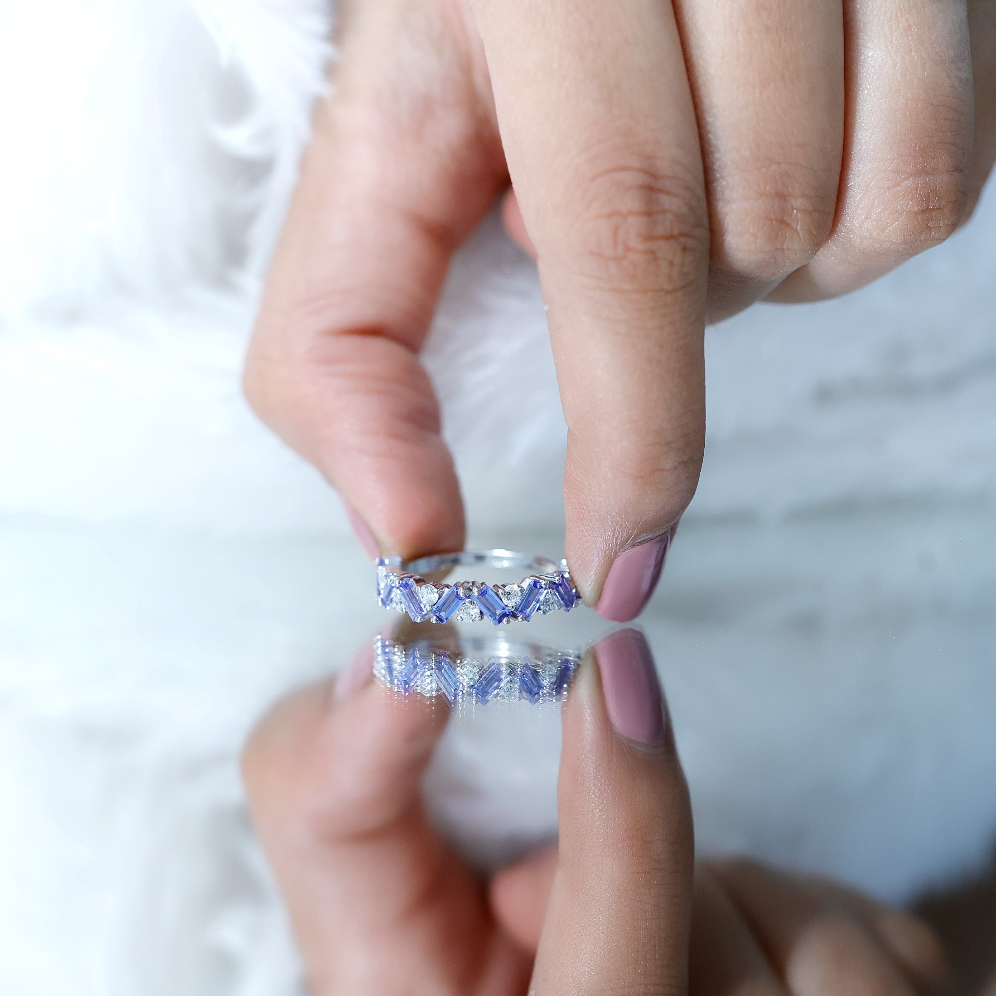 Tanzanite Eternity Ring – Half Eternity Band with Baguette Cut Tanzanite & Lab Grown Diamonds