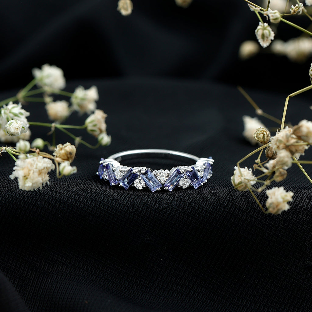 Tanzanite Eternity Ring – Half Eternity Band with Baguette Cut Tanzanite & Lab Grown Diamonds