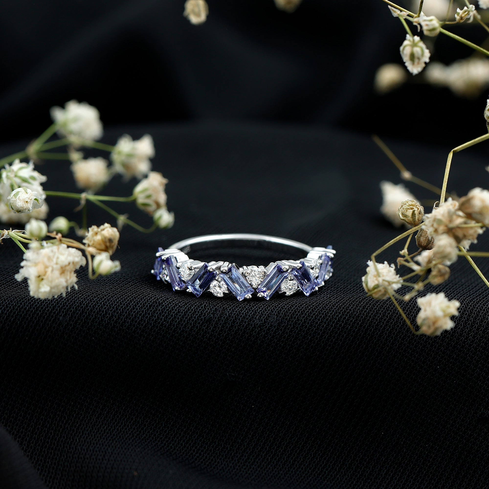 Tanzanite Eternity Ring – Half Eternity Band with Baguette Cut Tanzanite & Lab Grown Diamonds