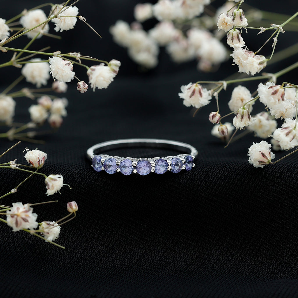 Tanzanite Half Eternity Ring – Natural Blue Gemstone, Shared Prong Setting, AAA Grade